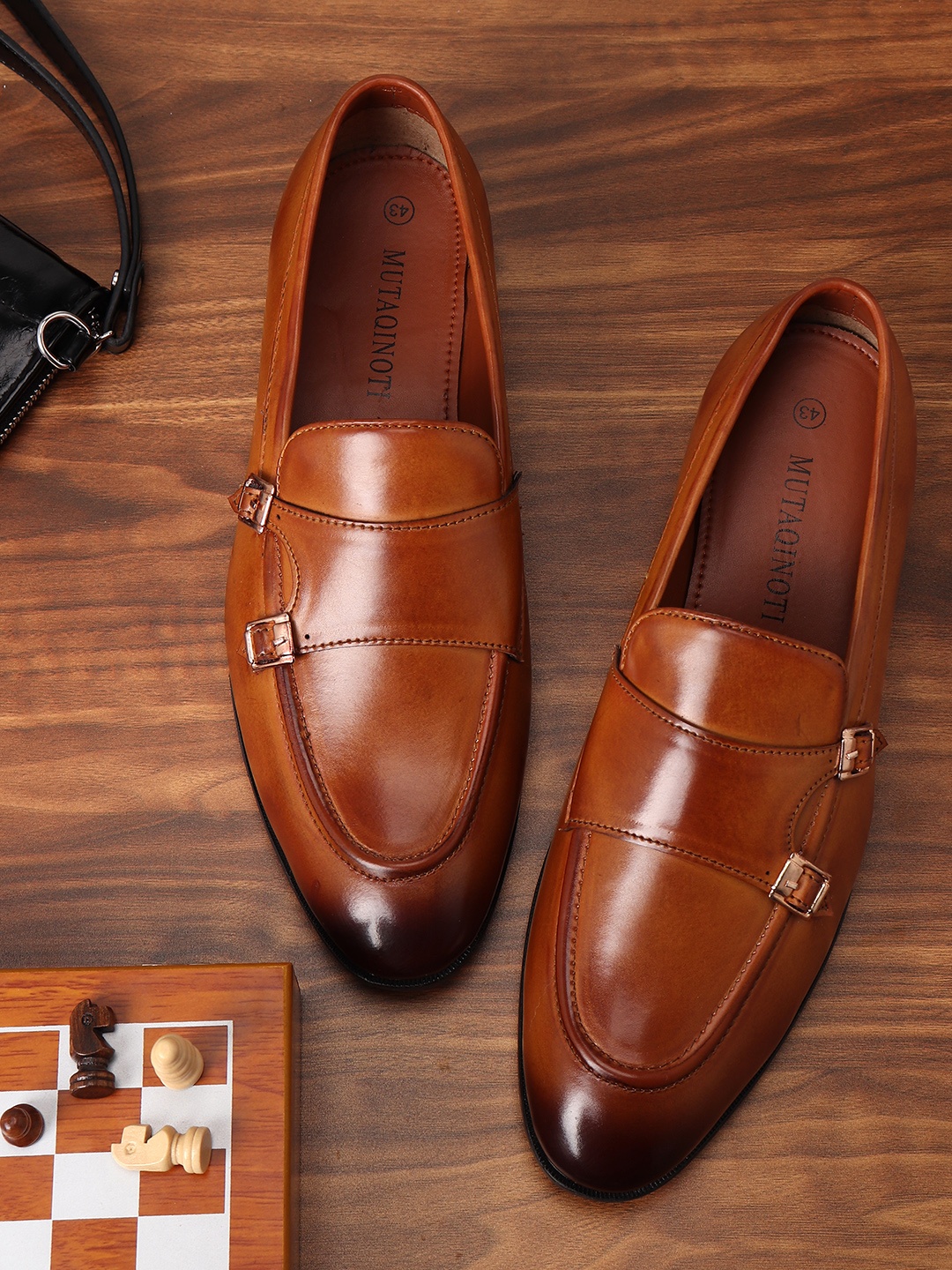 

MUTAQINOTI Men Patent Leather Monks, Tan