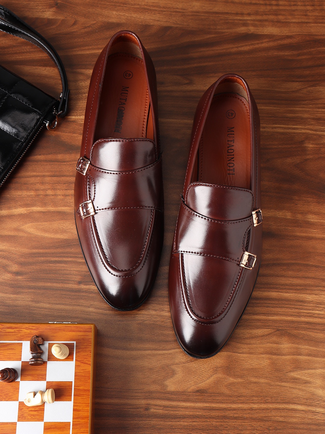 

MUTAQINOTI Men Brown Patent Leather Monks