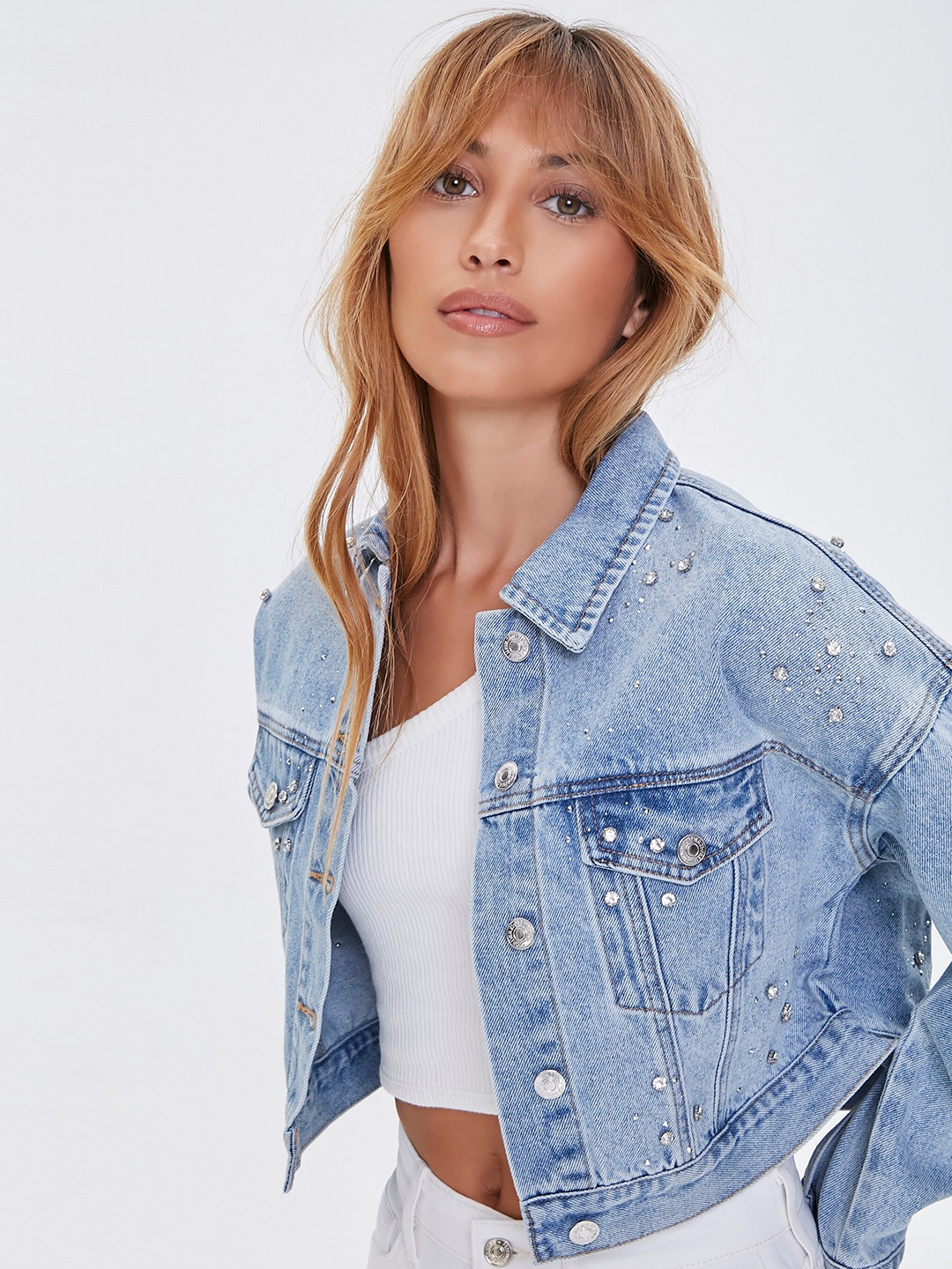 

FOREVER 21 Women Blue Washed Crop Denim Jacket