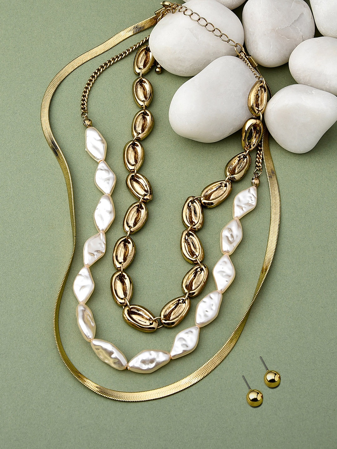 

AMI Women Gold-Toned & White Classy Cowrie Sell & Pearls Contemporary Layered Necklace