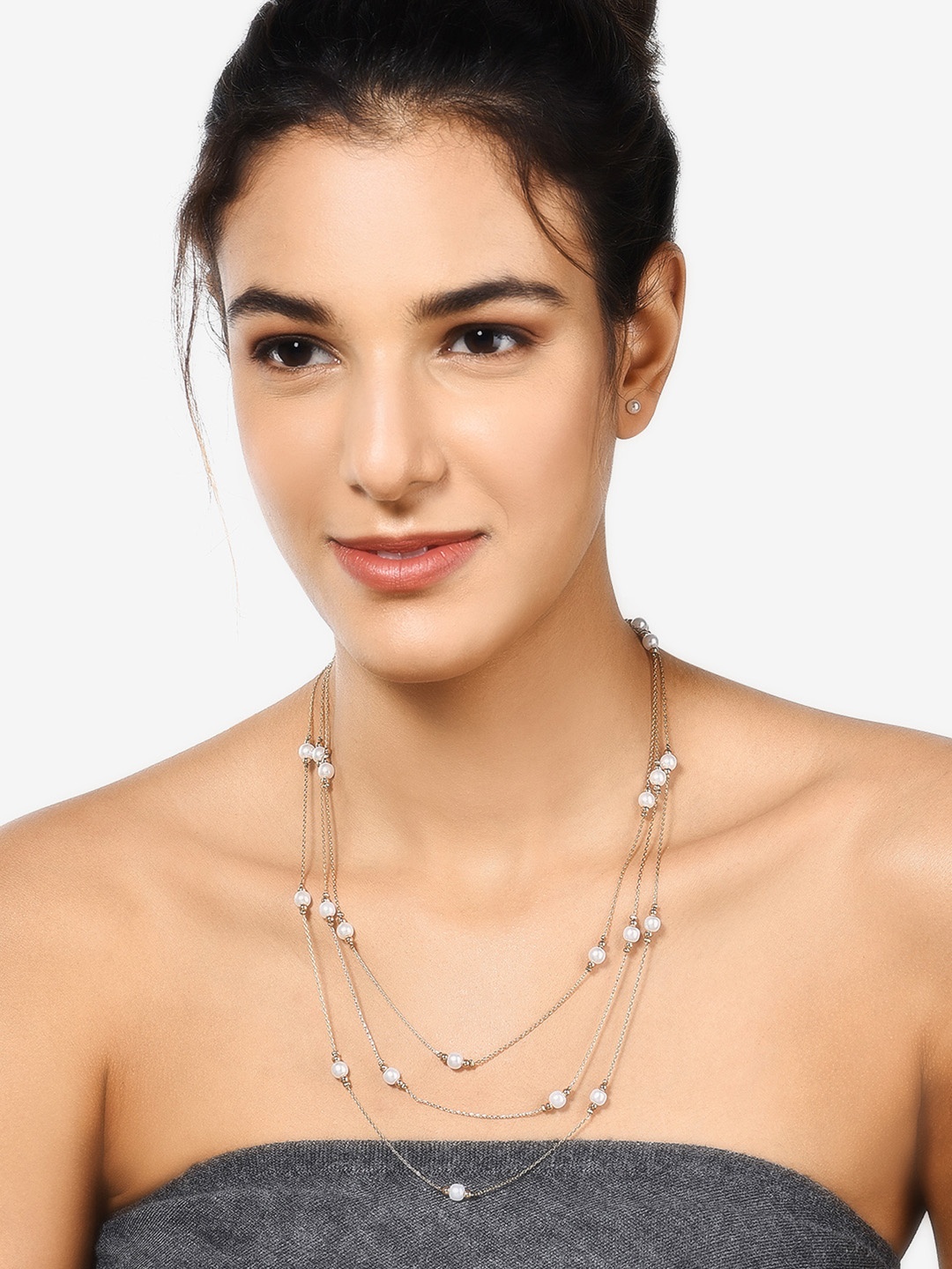 

AMI Gold-Toned & White Gold-Plated Pearl Studded Contemporary 3 Layered Chain