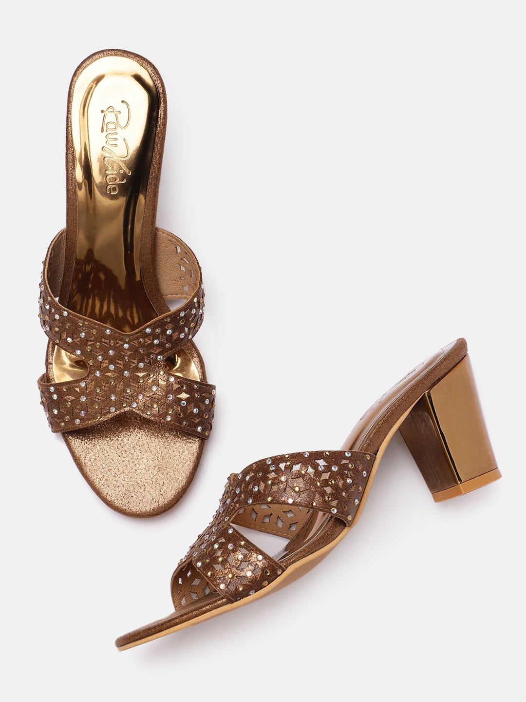 

Raw Hide Gold-Toned Embellished Block Heels