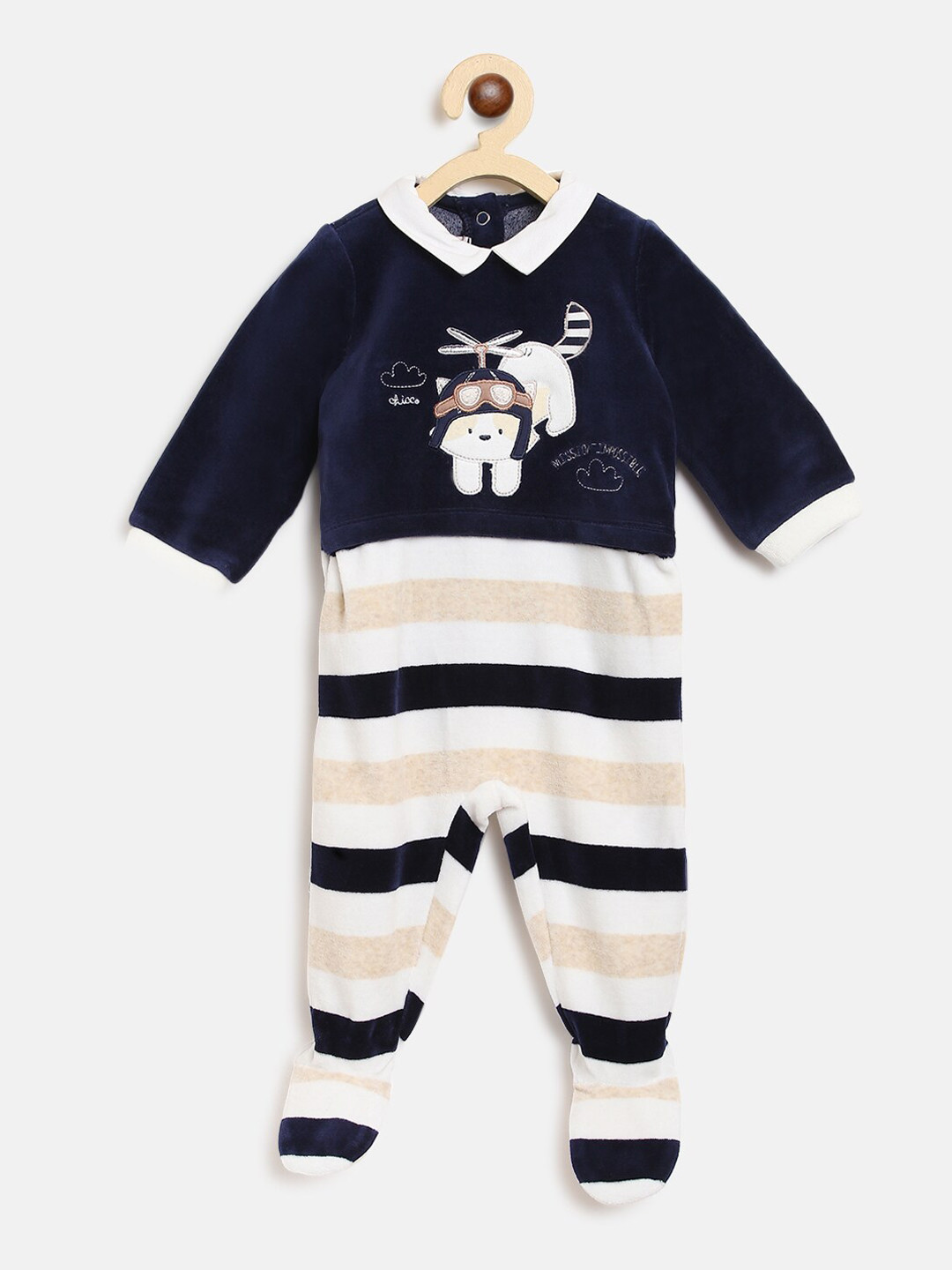 

Chicco Infants Boys Navy Blue & White Solid Sustainable Sleepsuit