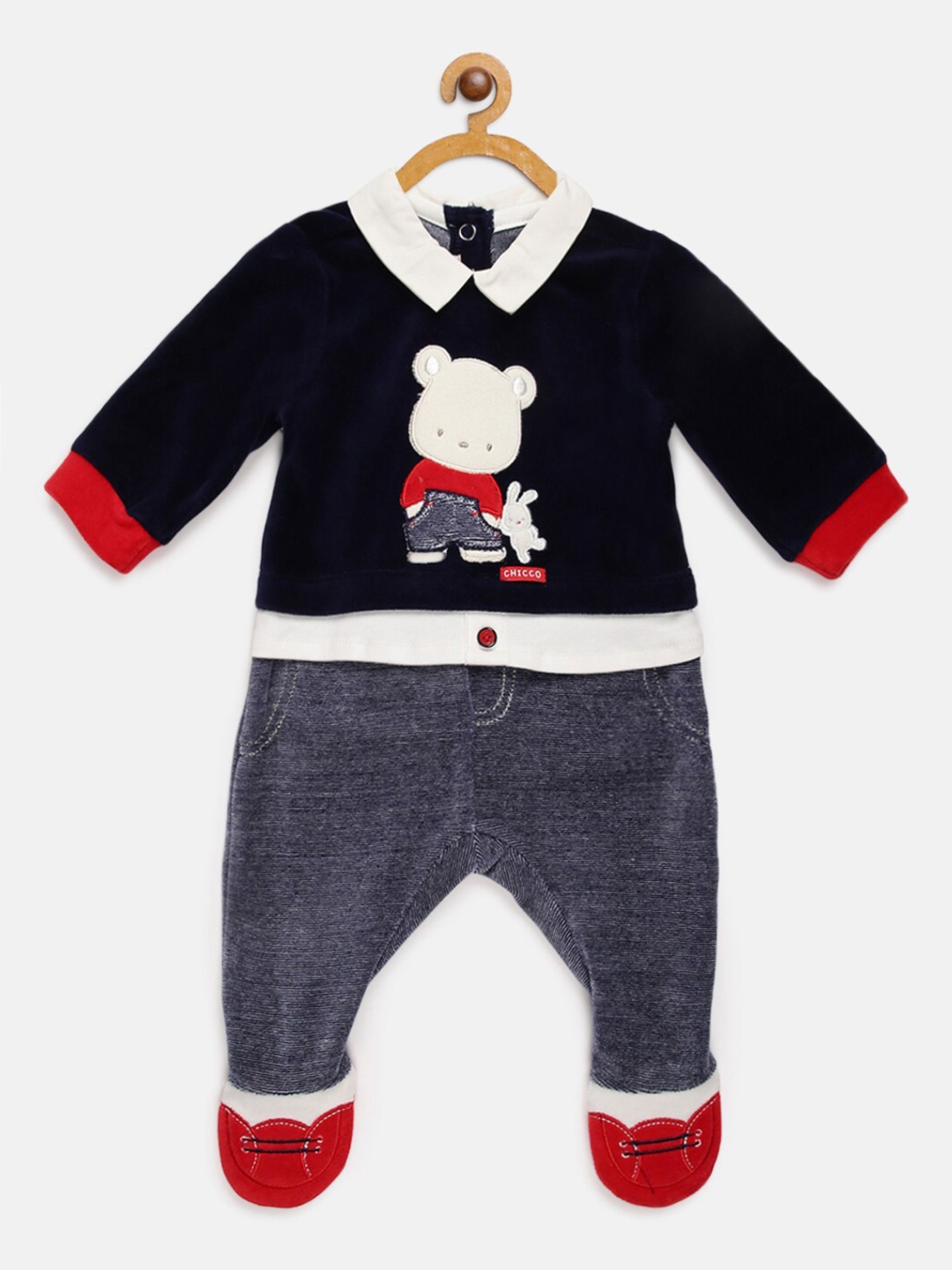 

Chicco Boys Navy Blue & Red Printed Nappy Opening Sustainable Babysuit