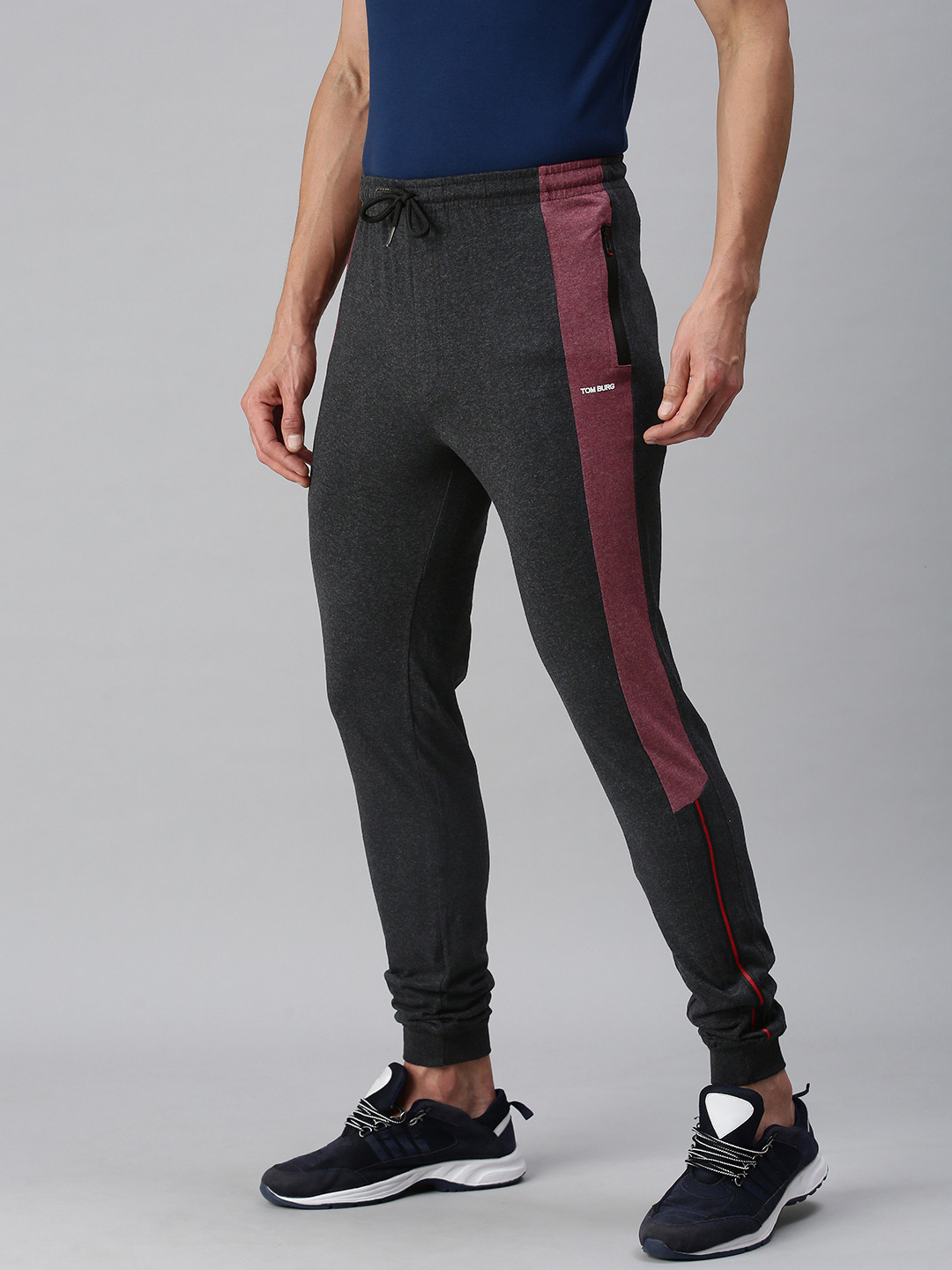

TOM BURG Men Black & Maroon Striped Cotton Slim-Fit Track Pants