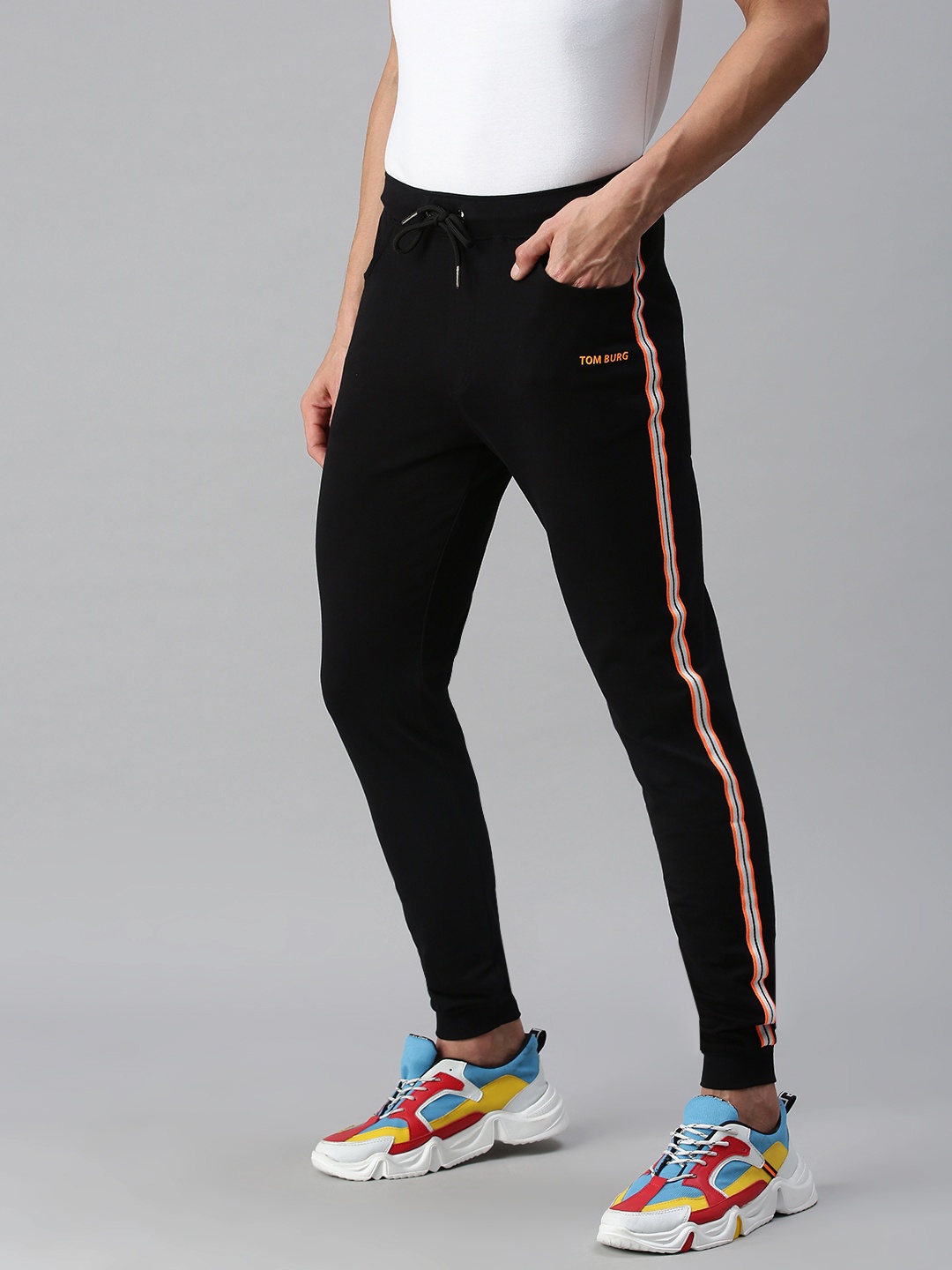 

TOM BURG Men Black & Orange Striped Slim-Fit Track Pants