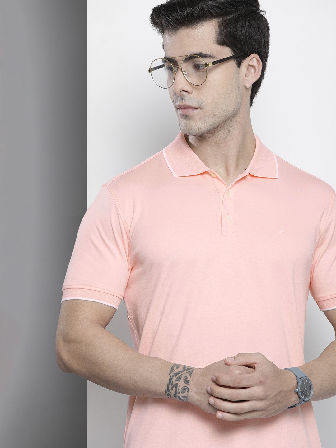

Nautica Men Peach-Coloured Solid Polo Collar Pure Cotton T-shirt