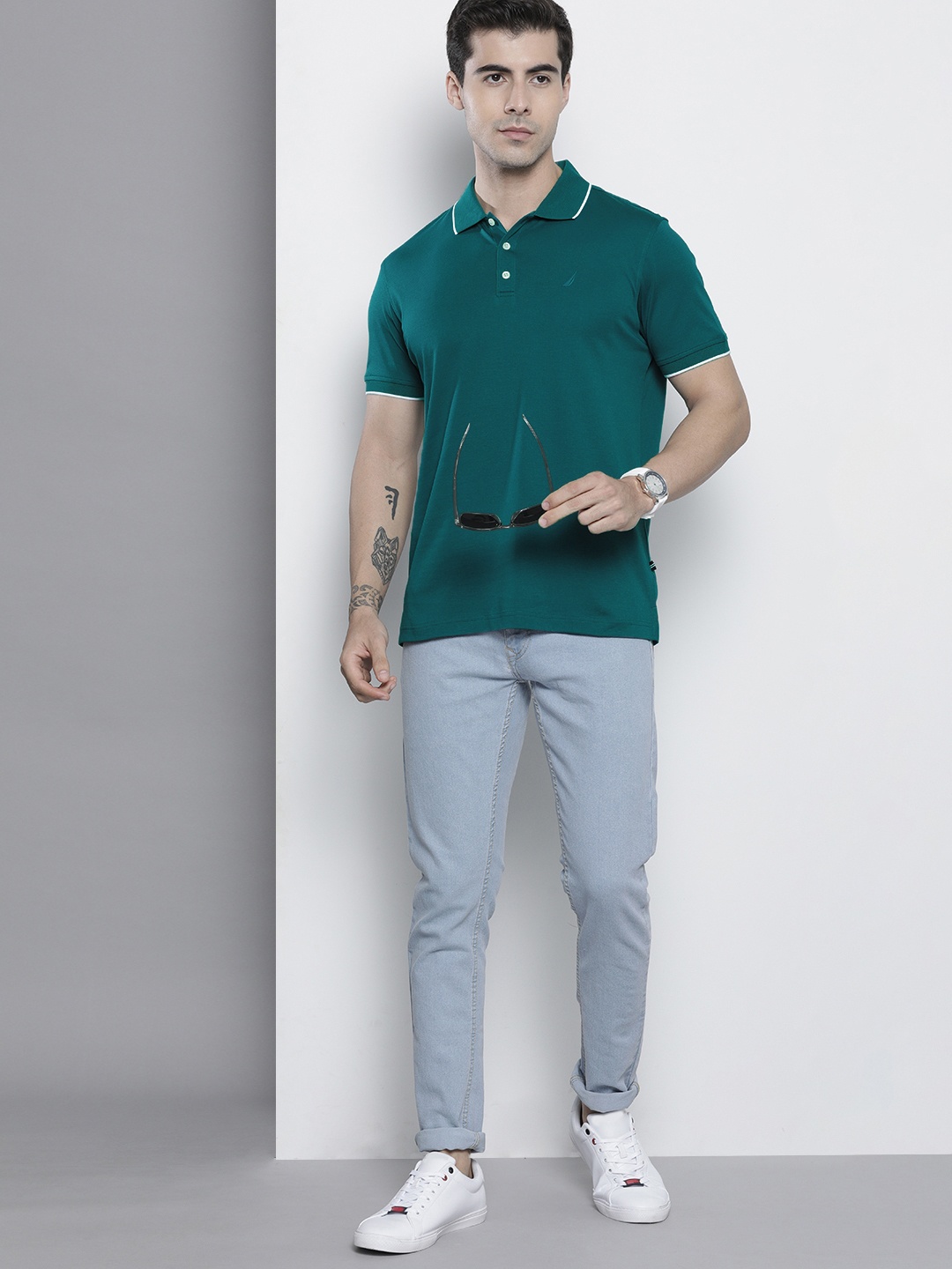 

Nautica Men Teal Green Solid Polo Collar Pure Cotton T-shirt