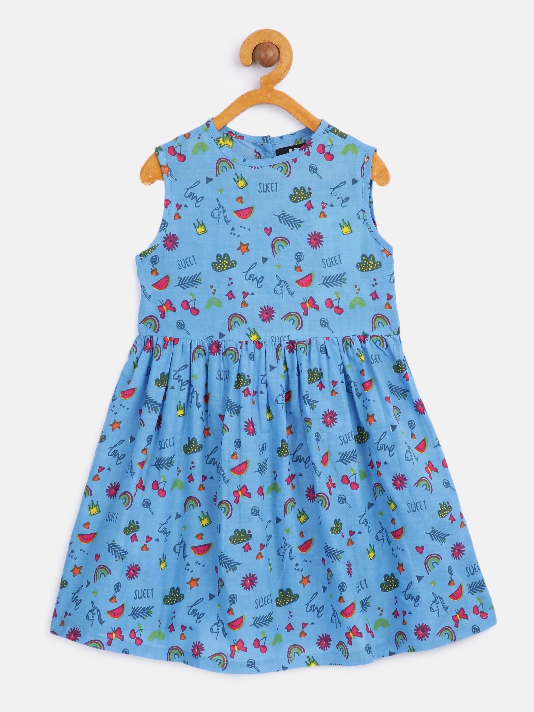 

HERE&NOW Girls Blue Conversational Printed Pure Cotton Fit & Flared Dress