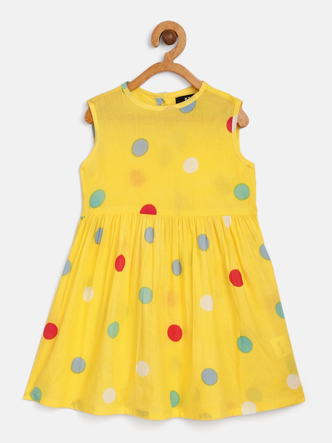 

HERE&NOW Girls Yellow Polka Dot Printed Pure Cotton Fit & Flare Dress