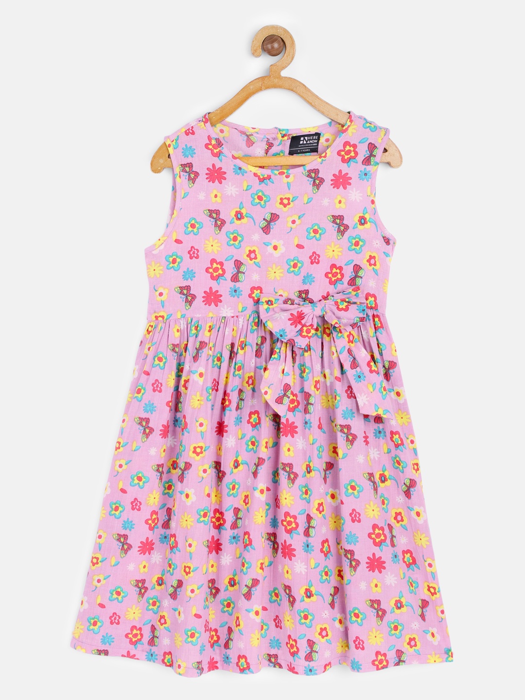 

HERE&NOW Girls Pink Floral Printed Pure Cotton Fit & Flare Dress