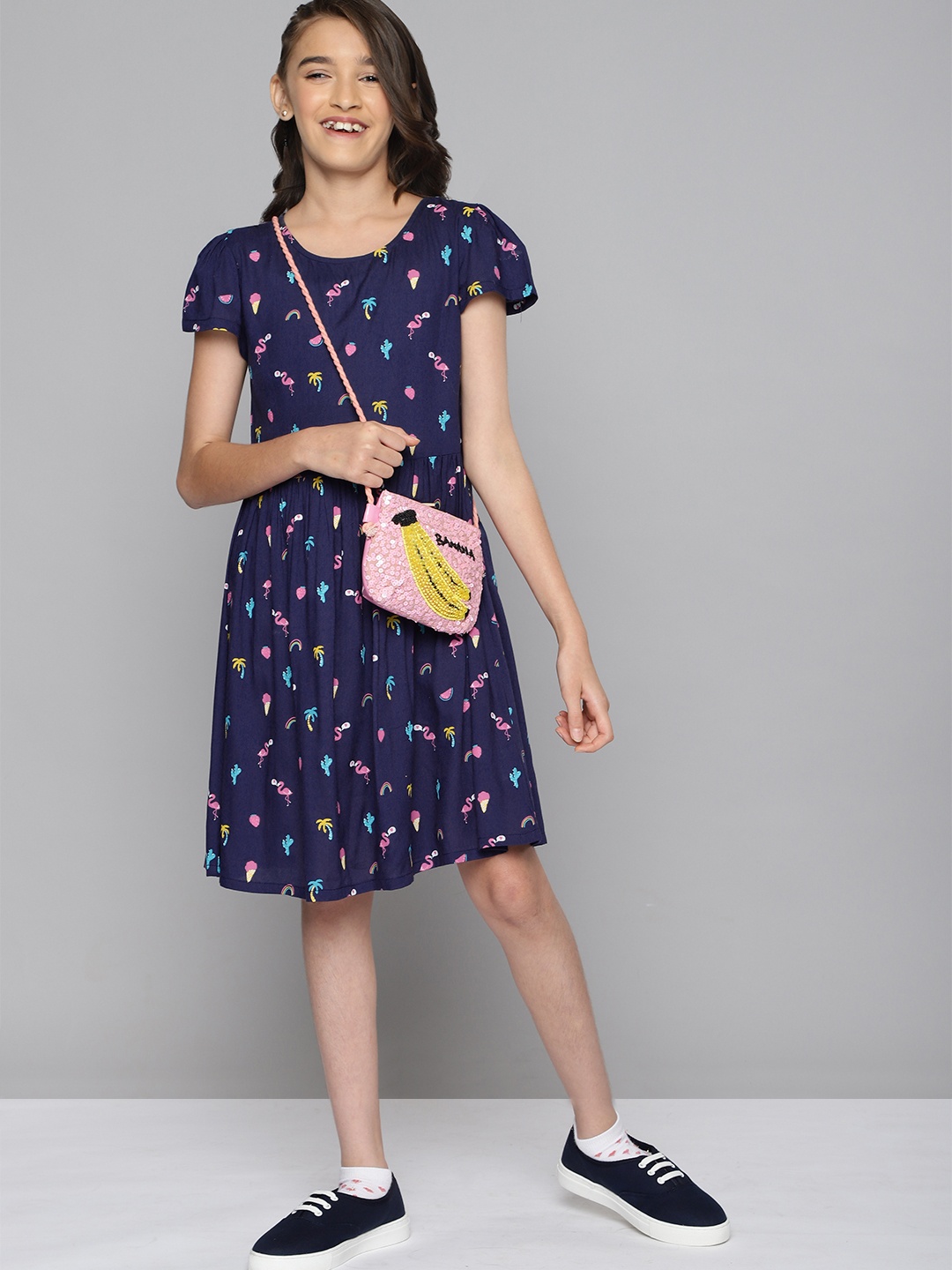 

HERE&NOW Girls Navy Blue Conversational Printed Pleated Fit & Flare Dress