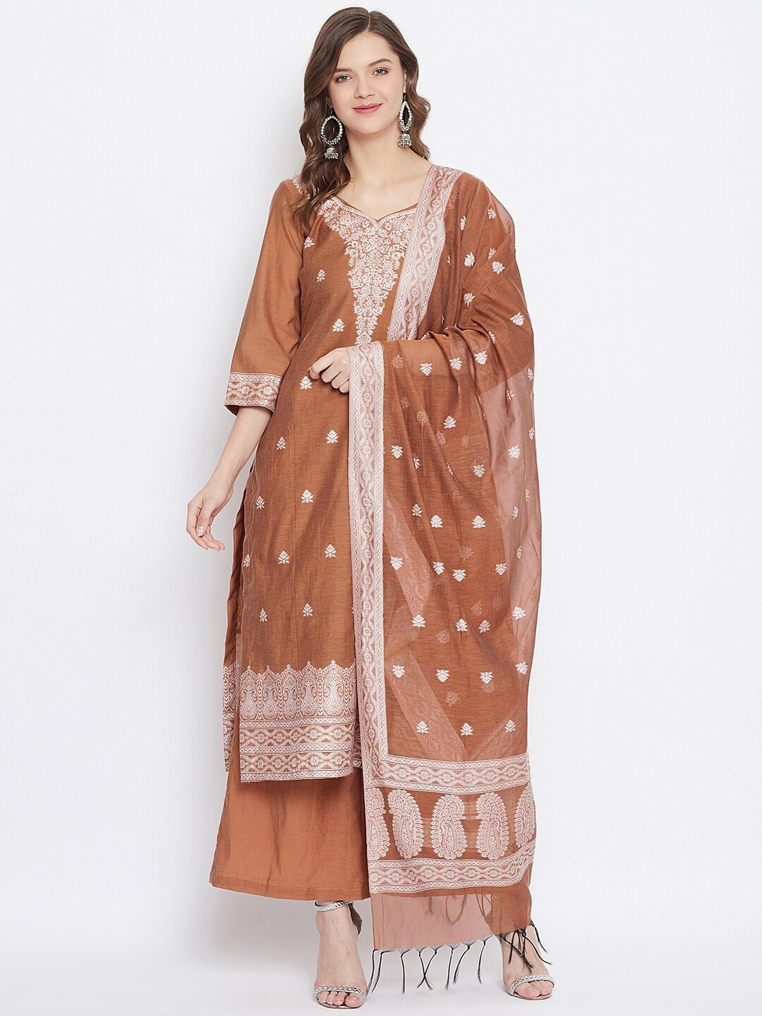 

Safaa Women Brown & White Embroidered Unstitched Dress Material