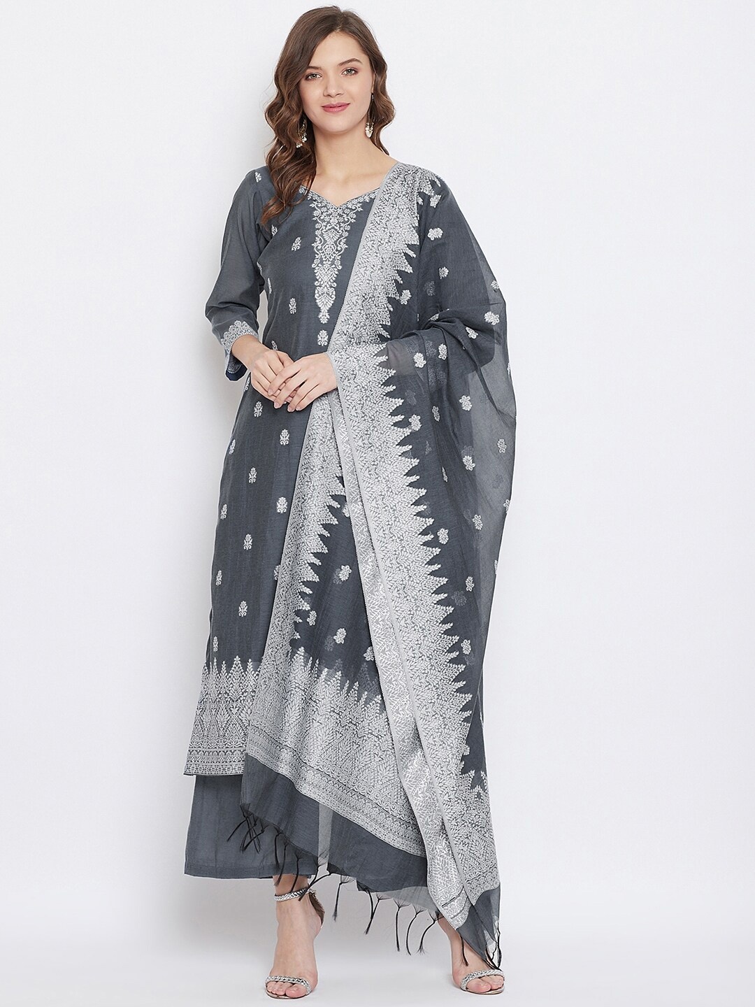 

Safaa Women Grey & Silver Ethnic Motifs Woven Cotton Blend Unstitched Dress Material