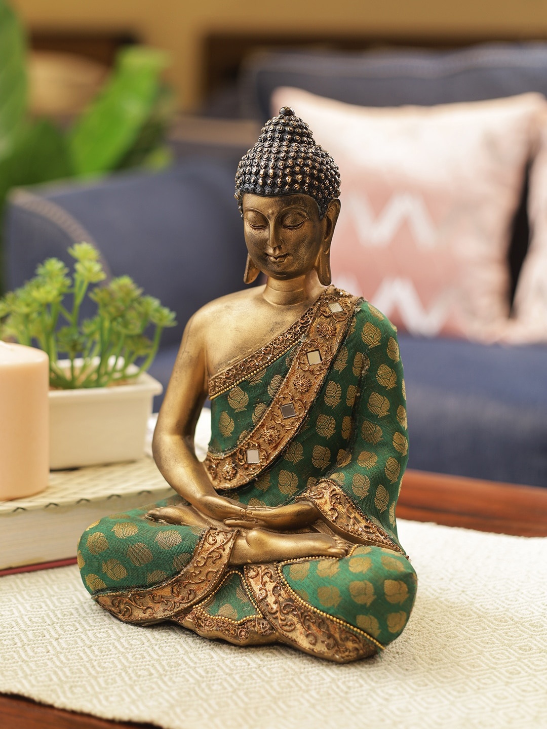 

Living Essence Copper-Toned & Green Zen Polyresin Meditative Buddha Showpiece