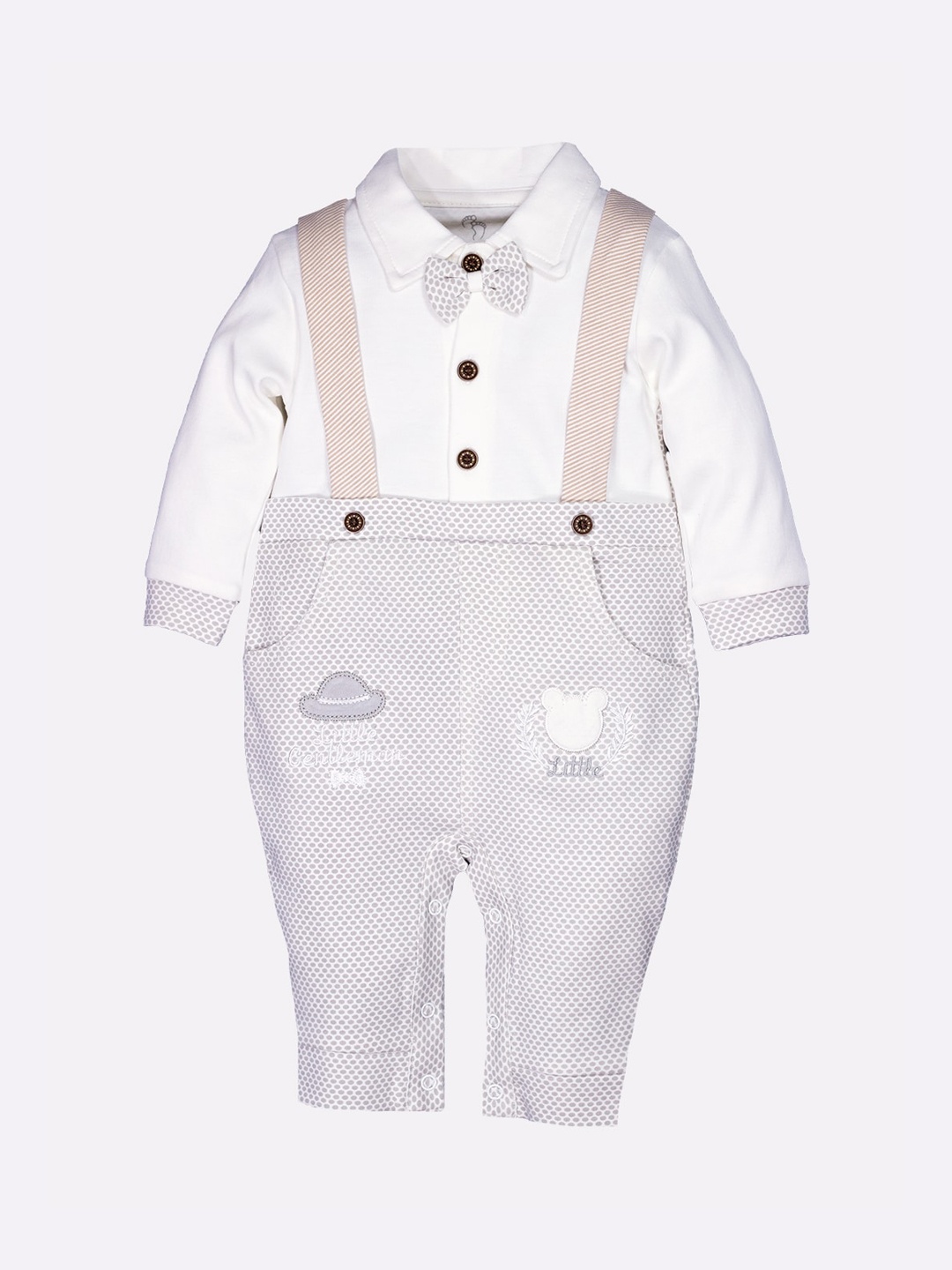 

BABY GO Infant Boys White & Brown Printed Pure Cotton Rompers