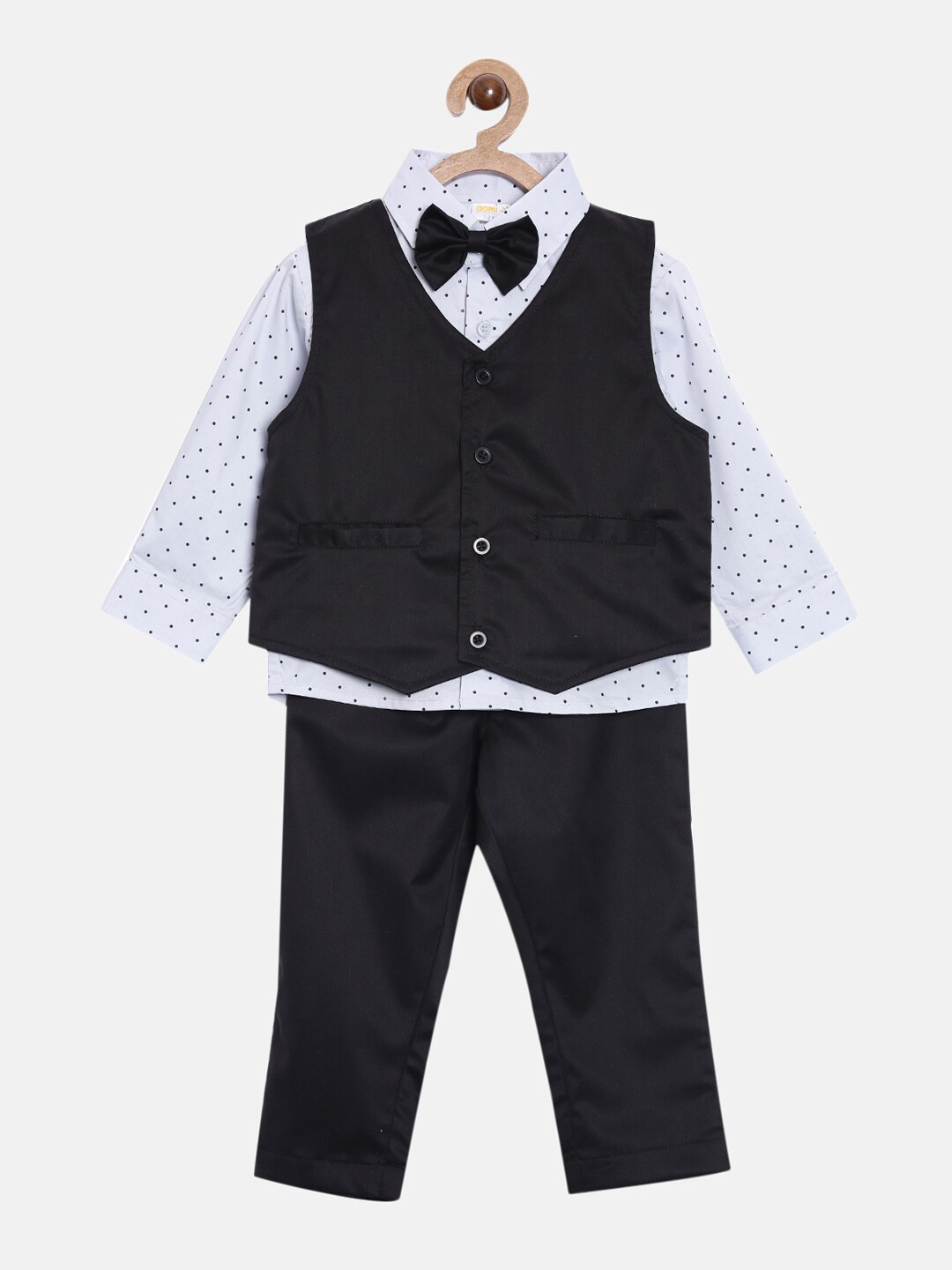 

Aomi Boys Black & White 4-Pcs Printed Formal Shirt with Trousers