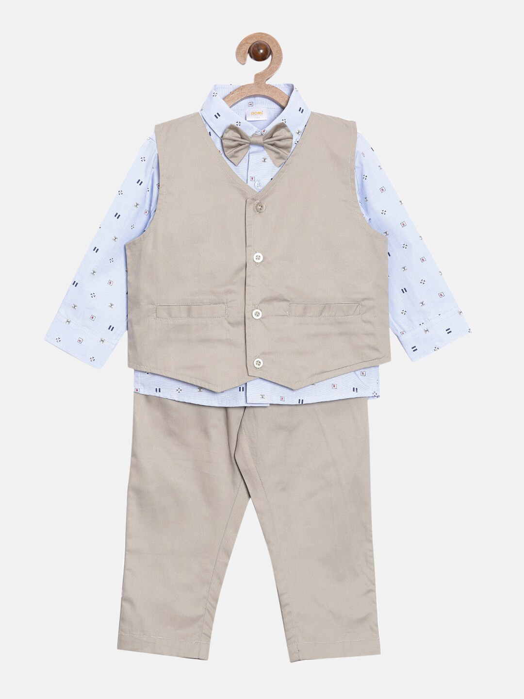 

Aomi Boys Blue & Beige Printed Cotton Blend Shirt With Trousers & Waistcoat