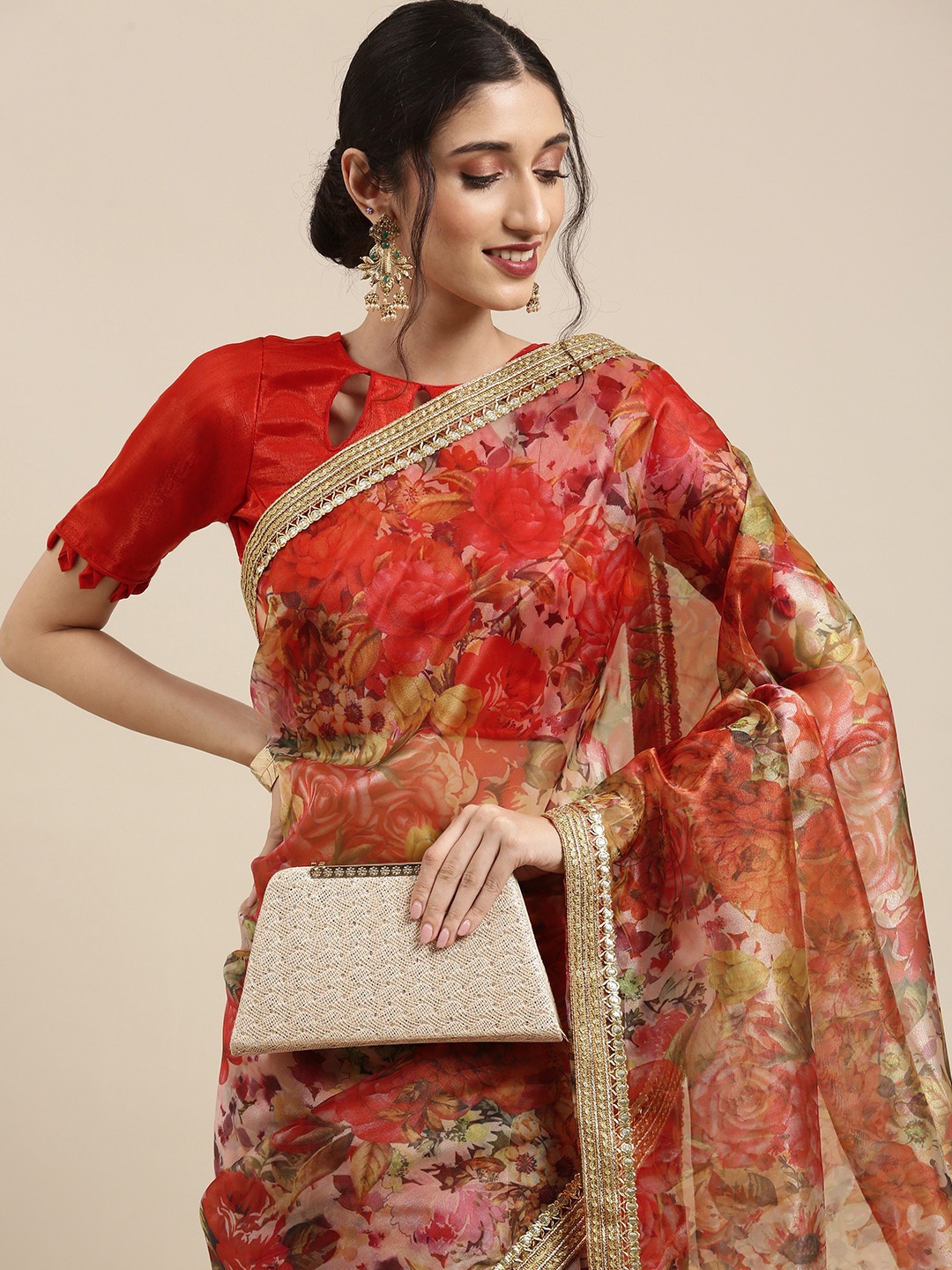 

Tikhi Imli Red Floral Organza Saree