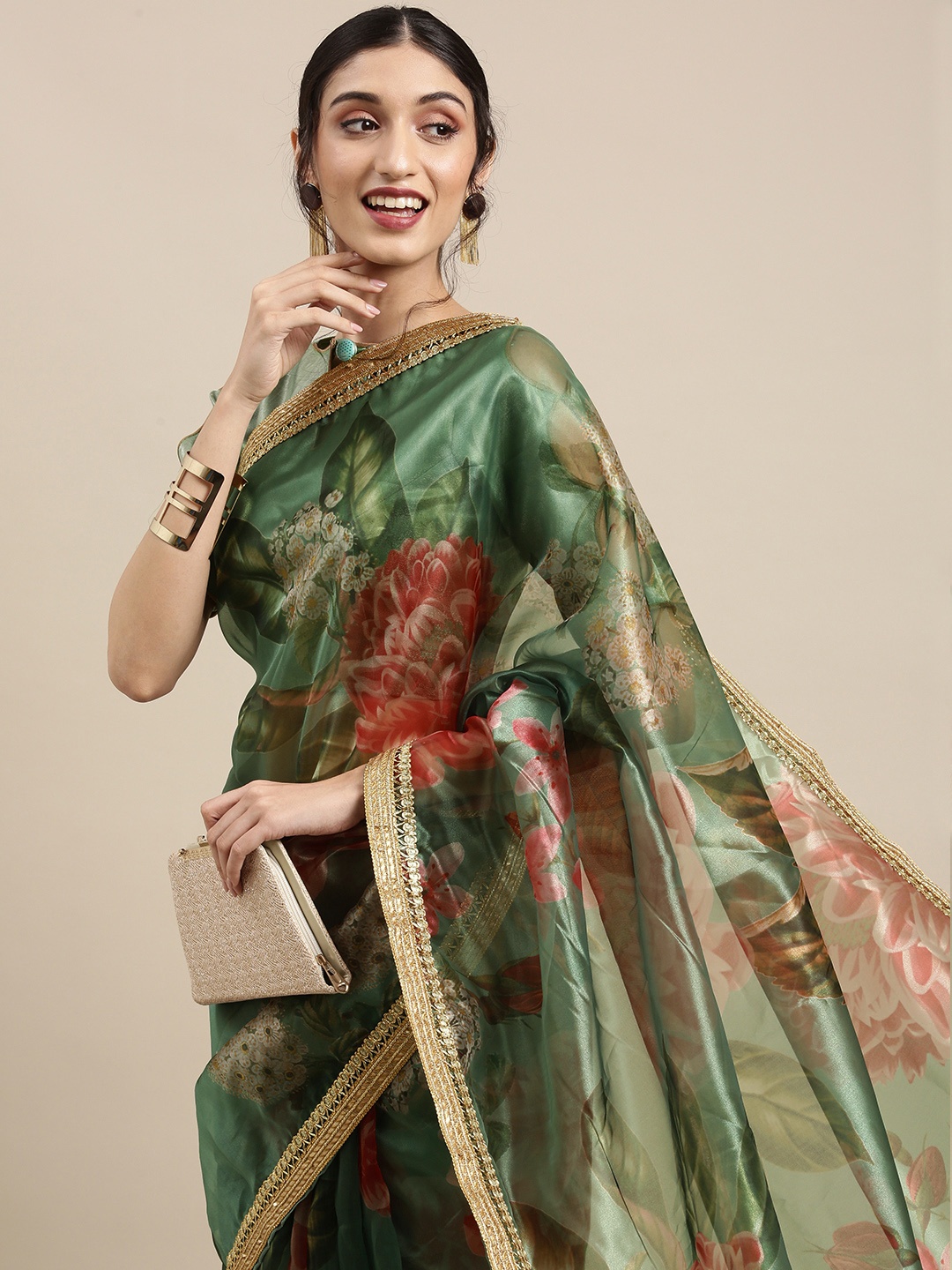 

Tikhi Imli Green & Red Floral Zari Organza Saree