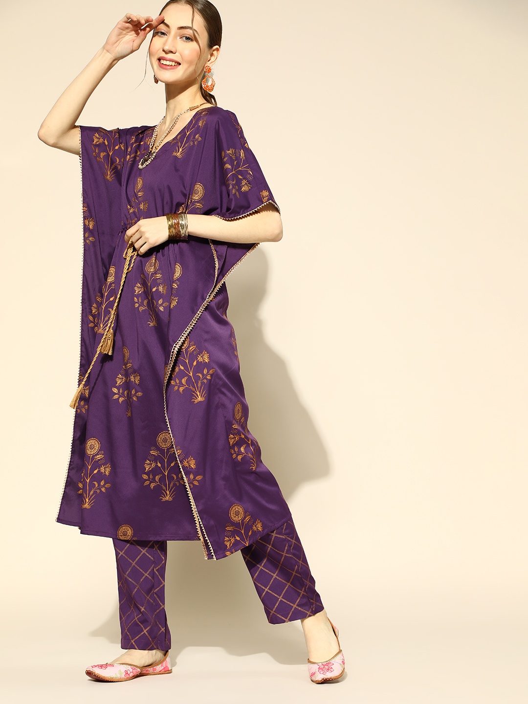 Ahika Floral Polyester Kurta Set, Purple