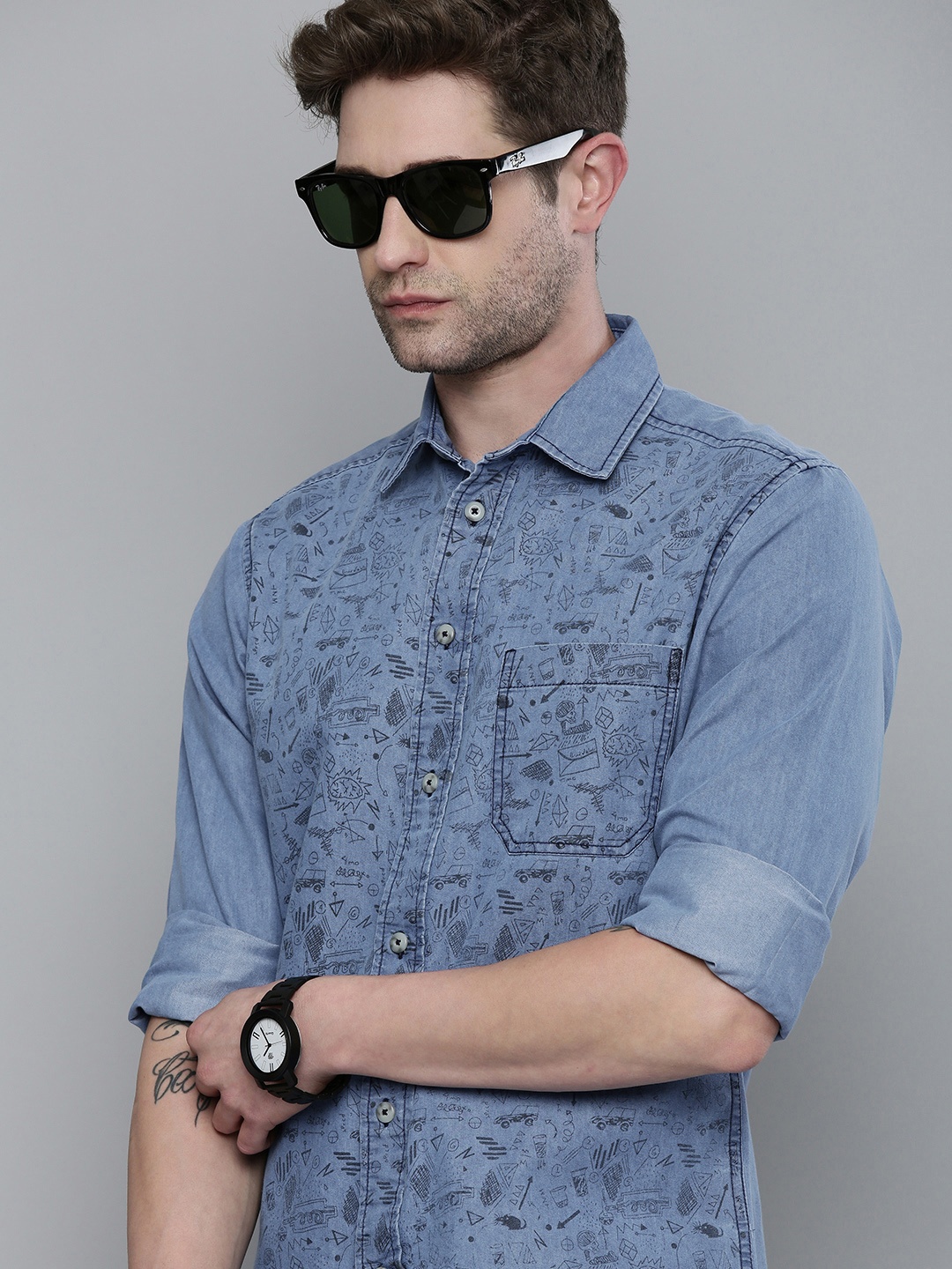 

The Indian Garage Co Men Blue Slim Fit Opaque Printed Casual Shirt