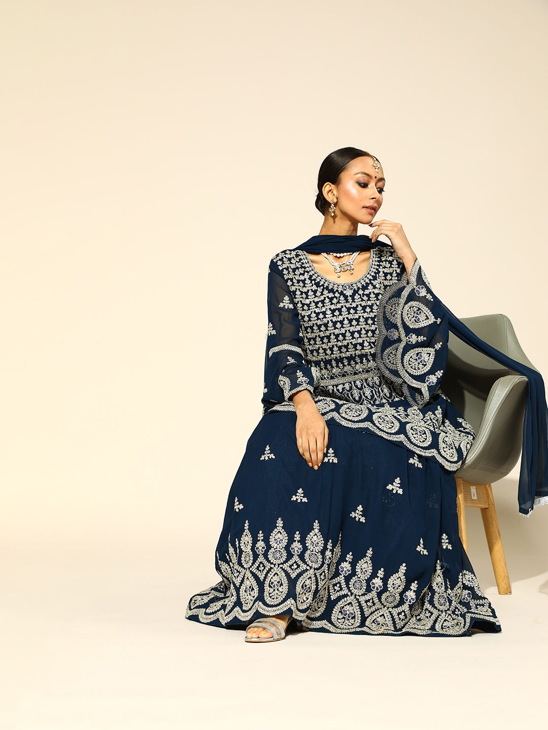 

Chhabra 555 Navy Blue Embroidered Made To Measure Lehenga & Blouse with Dupatta