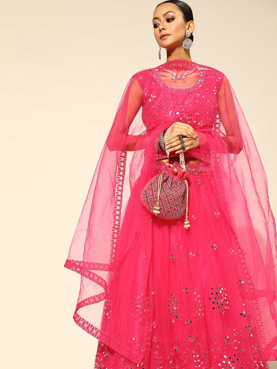 

Chhabra 555 Fuchsia Embellished Mirror Work Made to Measure Lehenga & Blouse With Dupatta