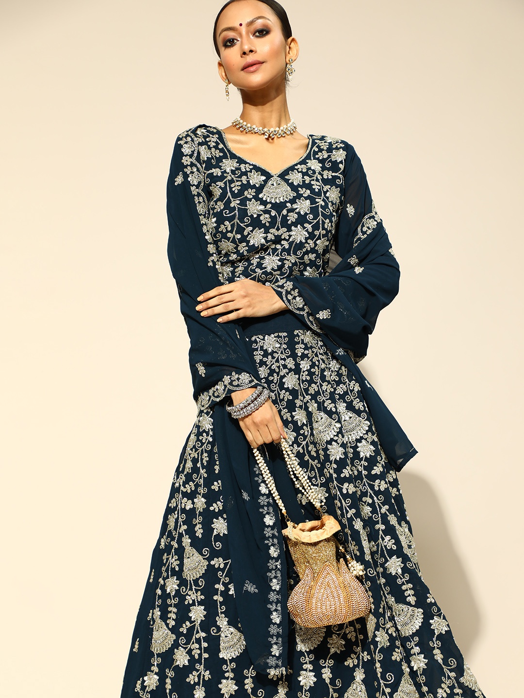 

Chhabra 555 Navy Blue Embroidered Made to Measure Lehenga & Blouse With Dupatta