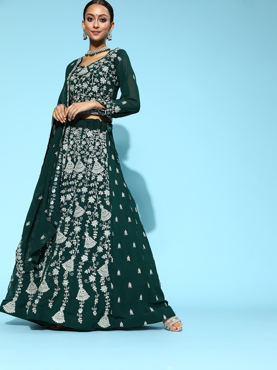 

Chhabra 555 Green Embroidered Made To Measure Lehenga & Blouse with Dupatta