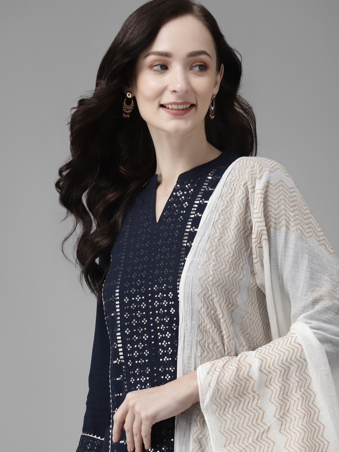 

Indo Era Women Navy Blue Paisley Embroidered Regular Kurta & Trousers With Dupatta