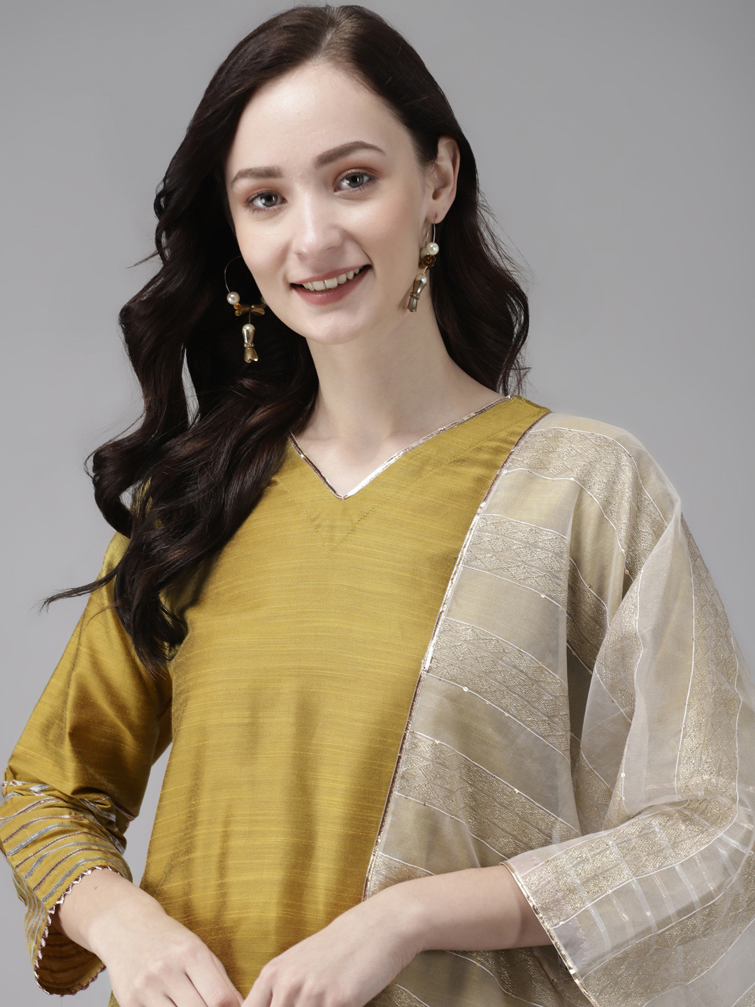 

Indo Era Women Olive Green Regular Gotta Patti Chanderi Silk Kurta with Trousers & With Dupatta