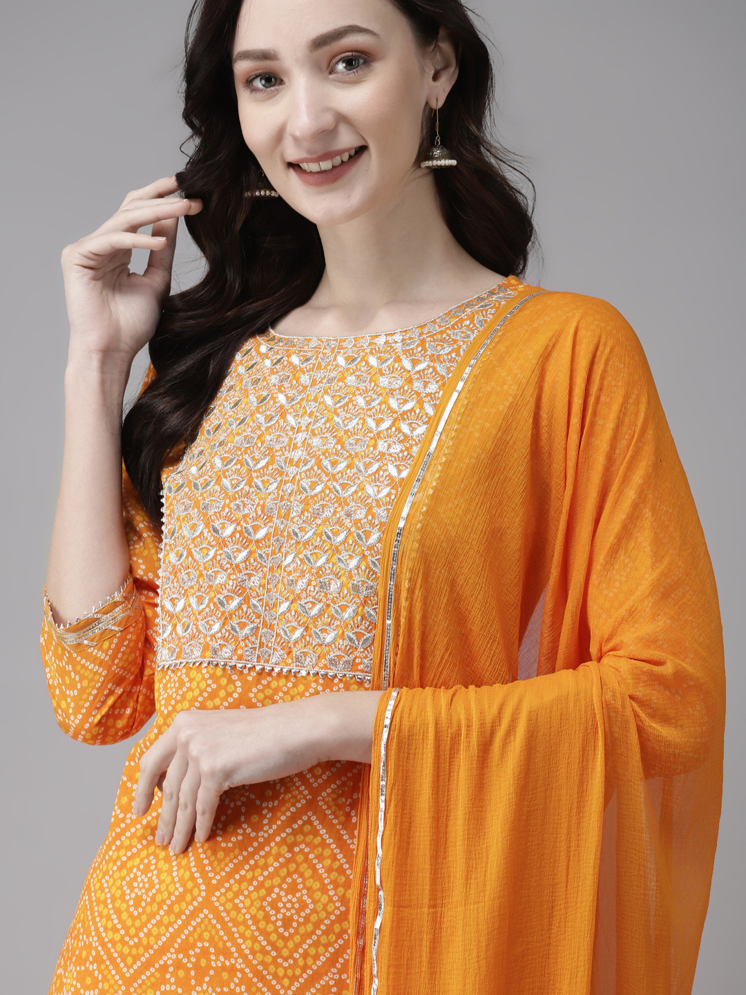 

Indo Era Women Yellow Floral Embroidered Regular Kurta with Trousers & With Dupatta