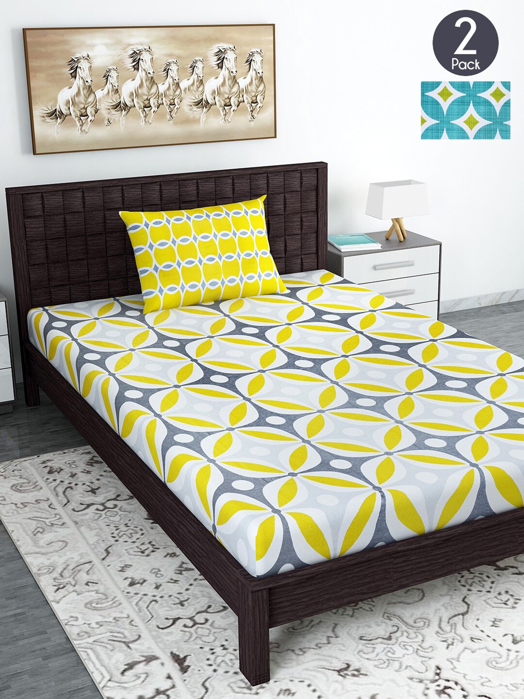 

Divine Casa Yellow & Turquoise Blue Geometric 144 TC 2 Single Bedsheet with 2 Pillow Covers