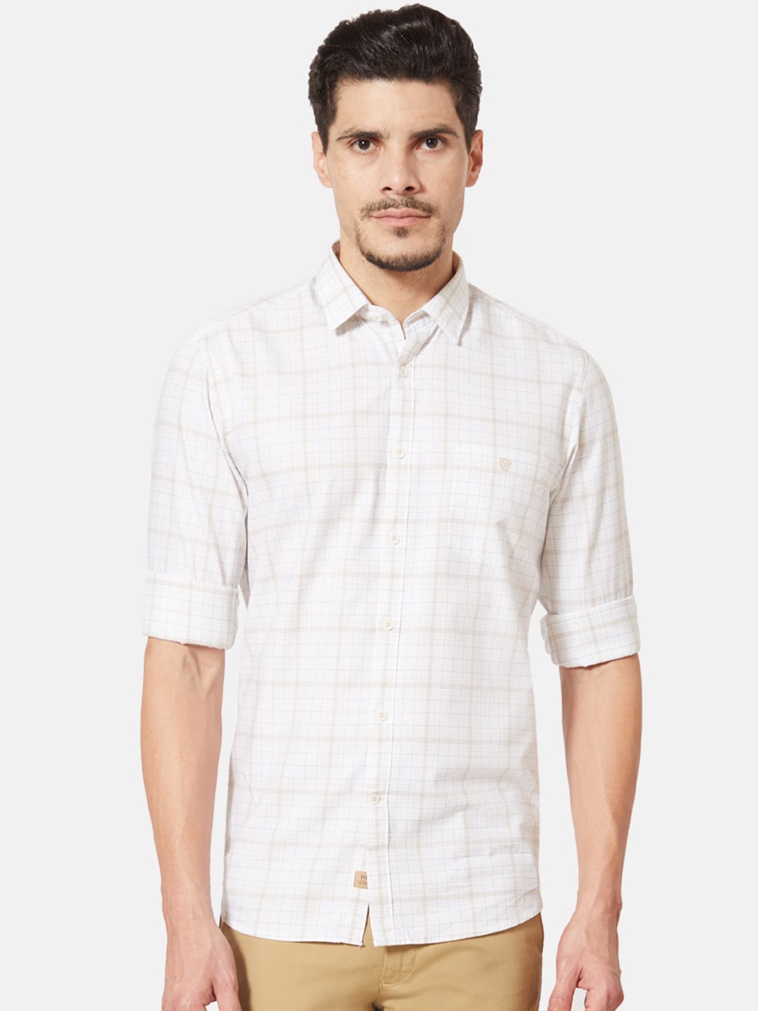 

J Hampstead Men Beige Slim Fit Opaque Checked Casual Shirt