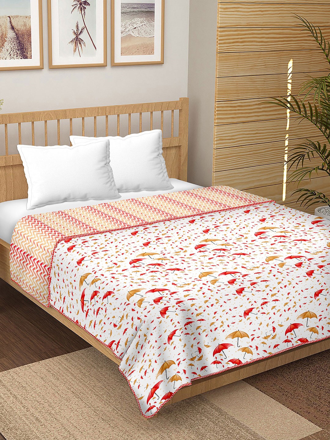 

BELLA CASA White & Red Floral AC Room 180 GSM Pure Cotton Reversible Double Bed Dohar