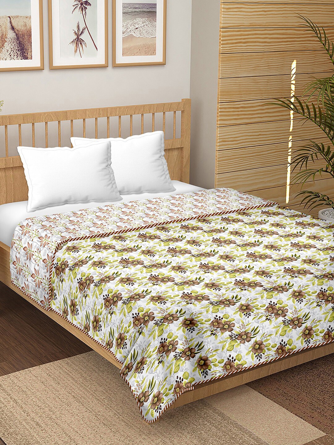 

BELLA CASA White & Green Floral AC Room 180 GSM Pure Cotton Reversible Double Bed Dohar