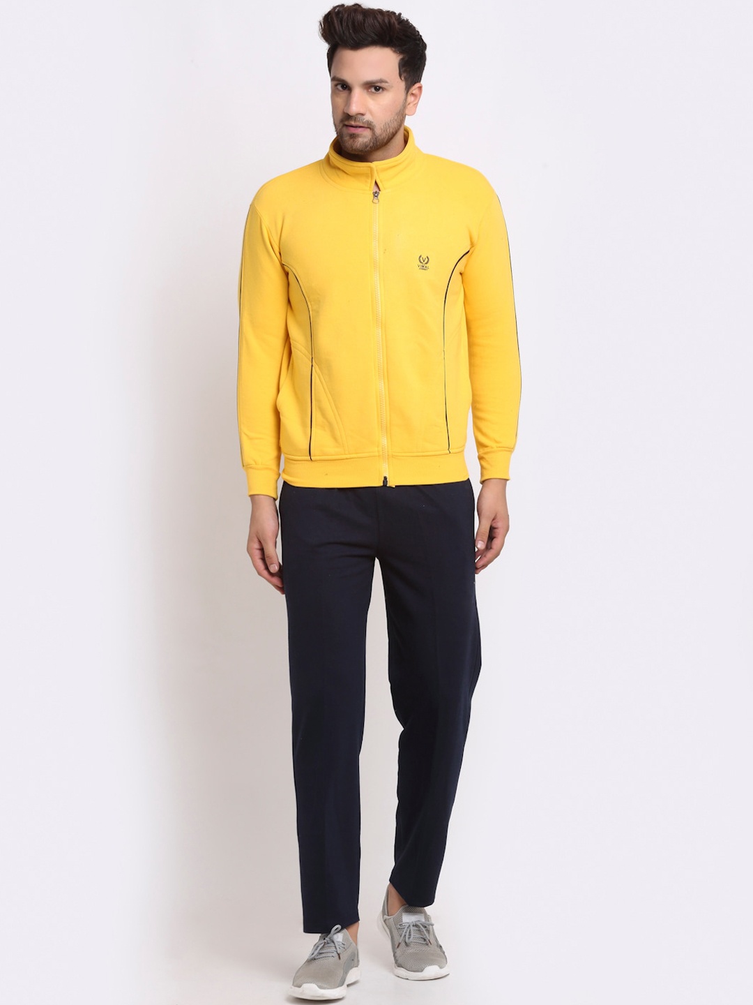 

VIMAL JONNEY Men Yellow & Navy Blue Solid Tracksuit