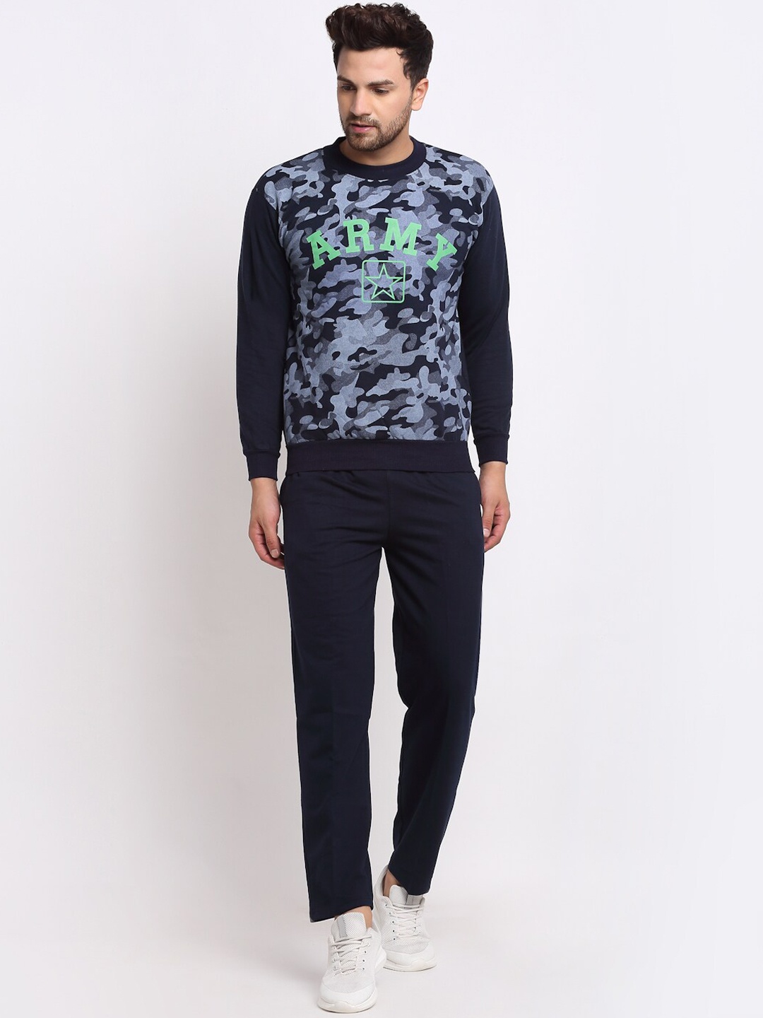 

VIMAL JONNEY Men Navy Blue Camouflage Printed Tracksuits