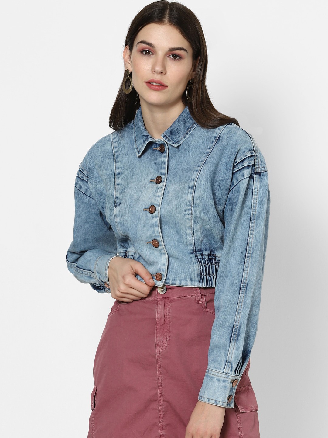 

FOREVER 21 Women Blue Washed Crop Denim Jacket