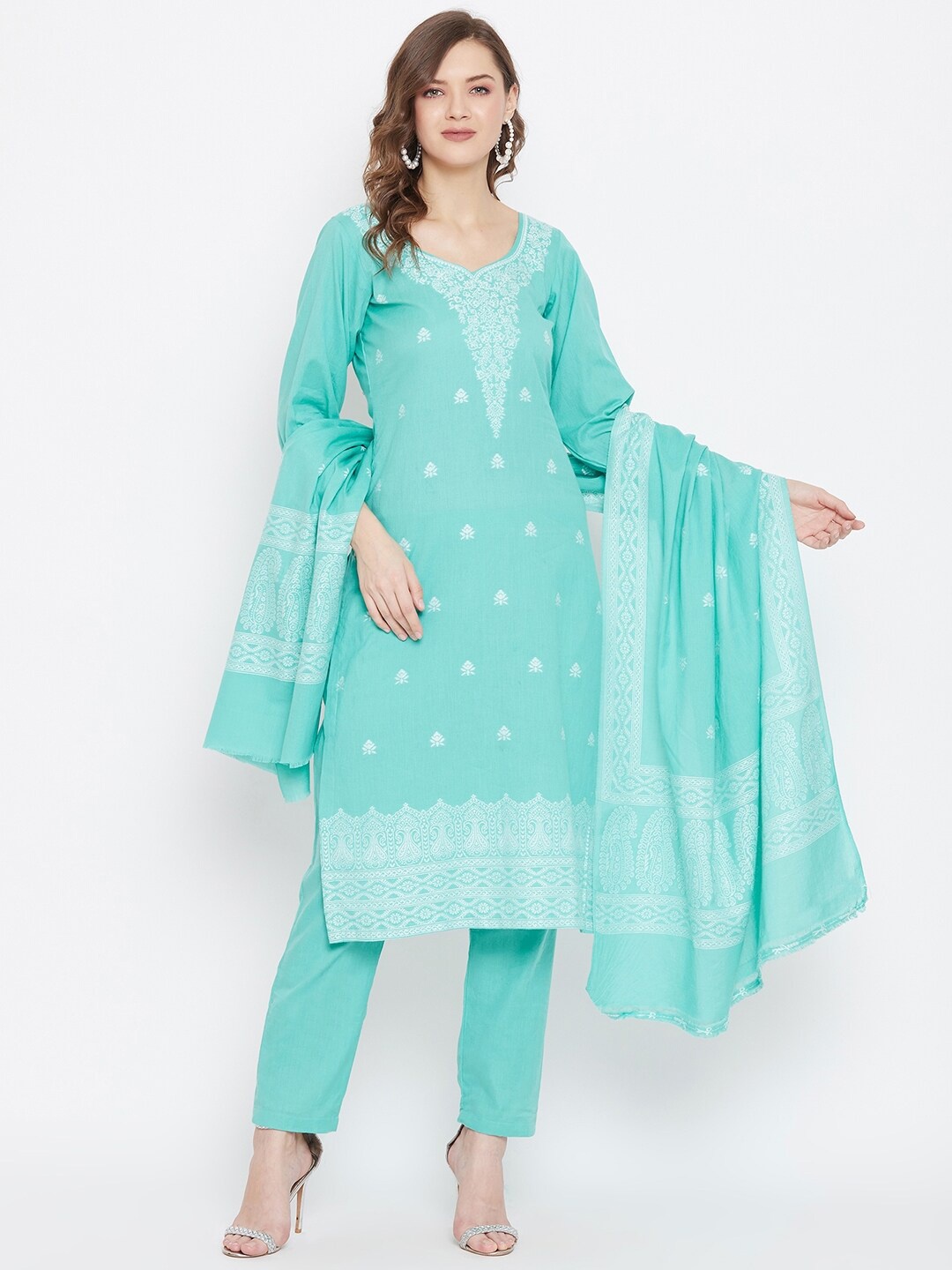 

Safaa Women Sea Green Cotton Jacquard Chikankari Unstitched Suit With Dupatta