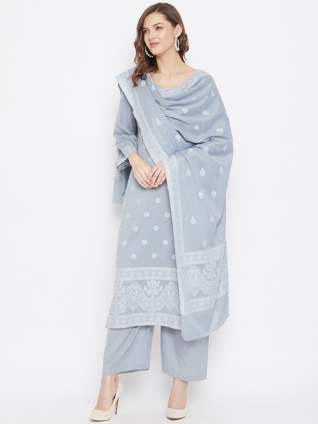 

Safaa Women Grey Cotton Jacquard Chikankari Unstitched Suit With Dupatta
