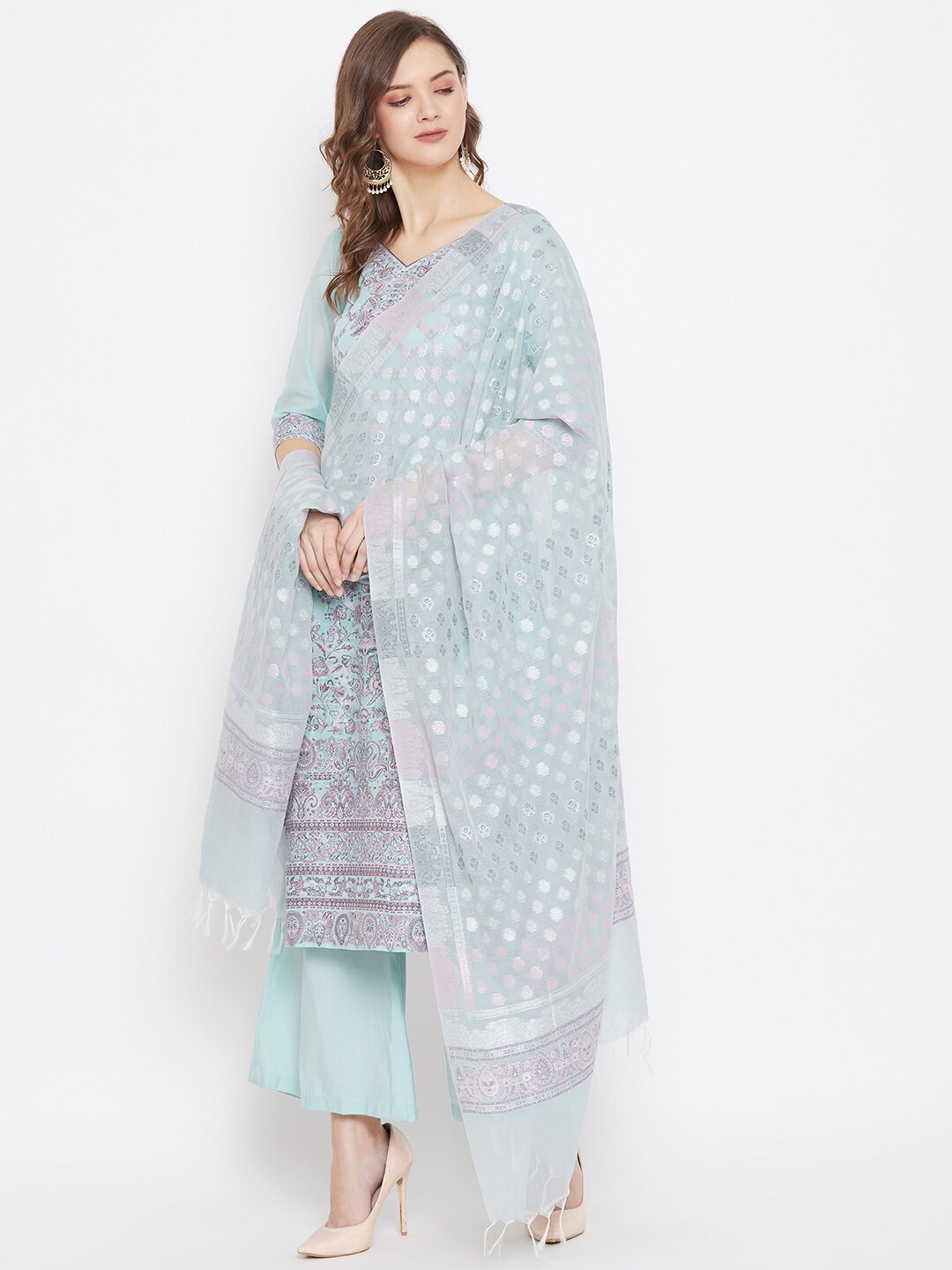 

Safaa Women Sea Green & Pink Ethnic Motifs Woven Organic Cotton Unstitched Dress Material