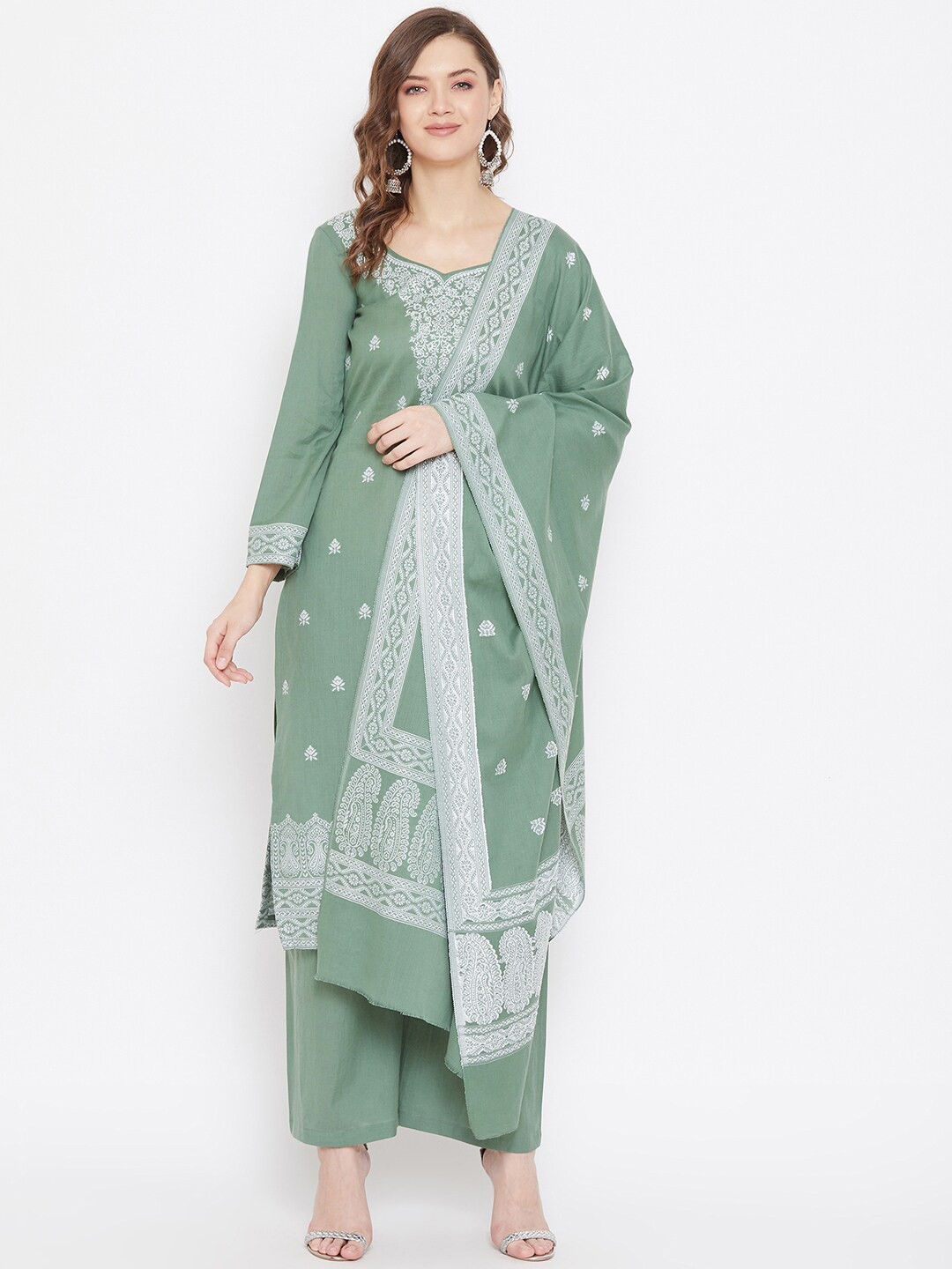 

Safaa Women Olive Cotton Jacquard Chikankari Unstitched Suit With Dupatta