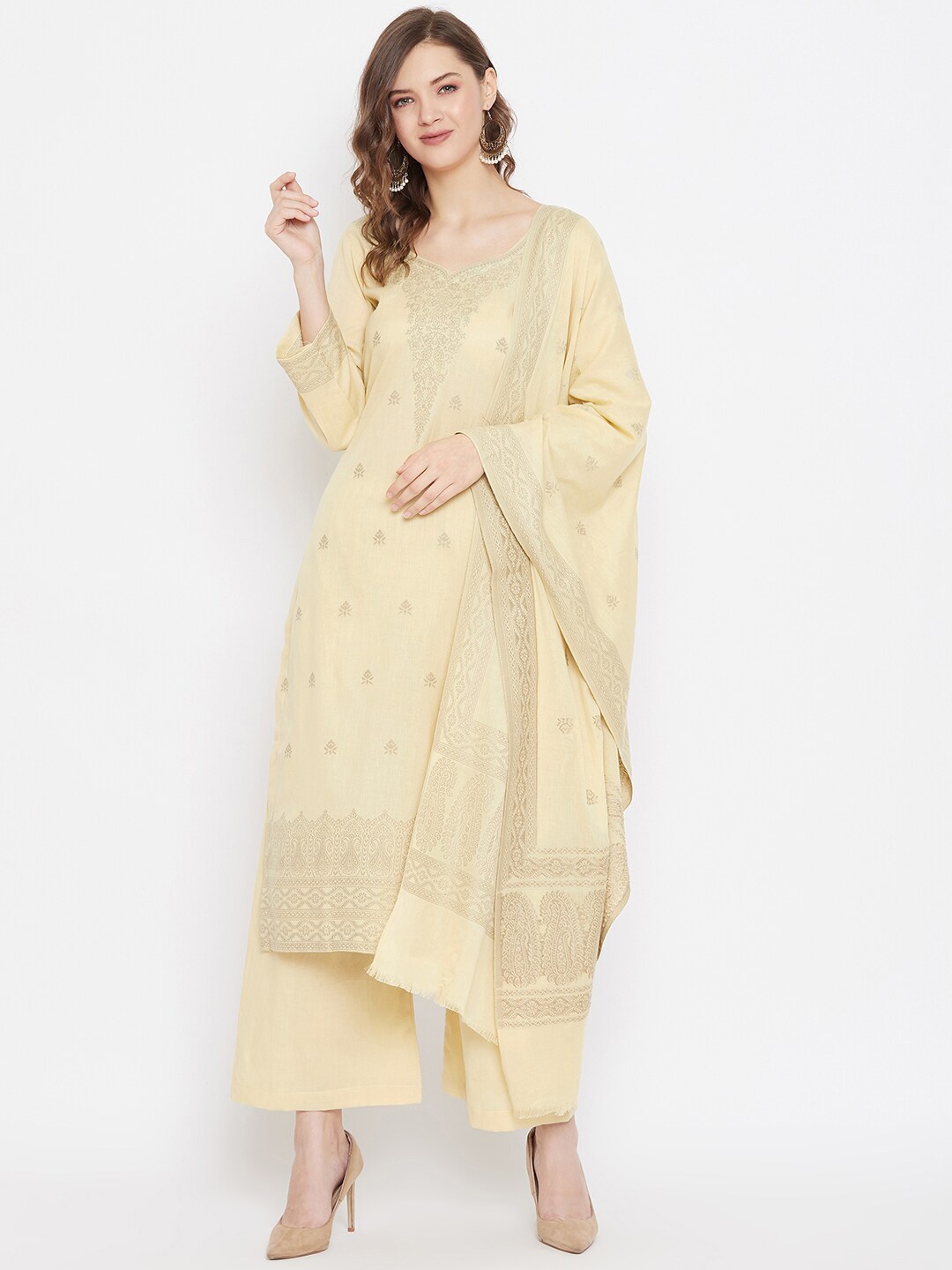 

Safaa Women Yellow & Gold-Toned Woven Design Unstitched Dress Material