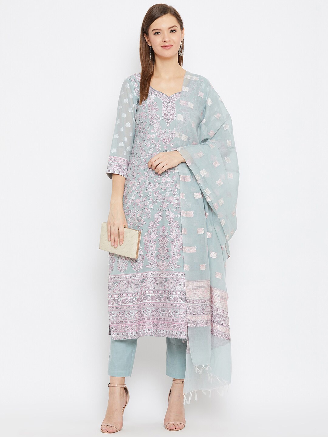 

Safaa Women Blue & Grey Unstitched Organic Cotton Dress Material With Dupatta