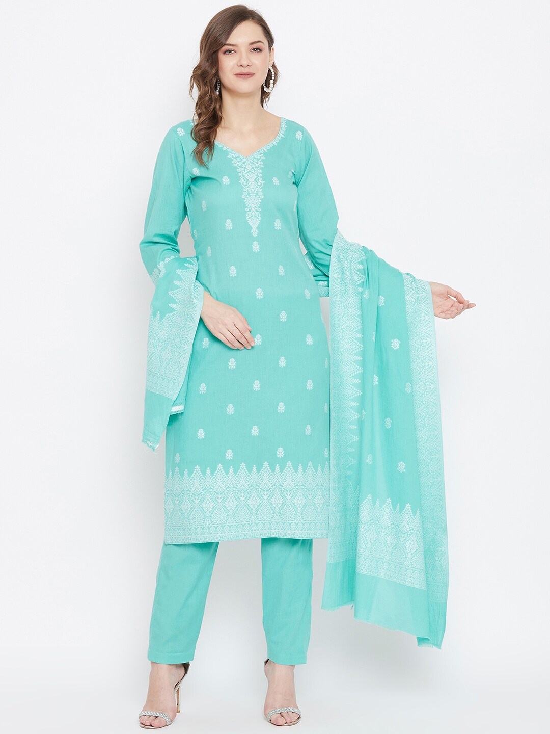 

Safaa Sea Green & White Unstitched Dress Material