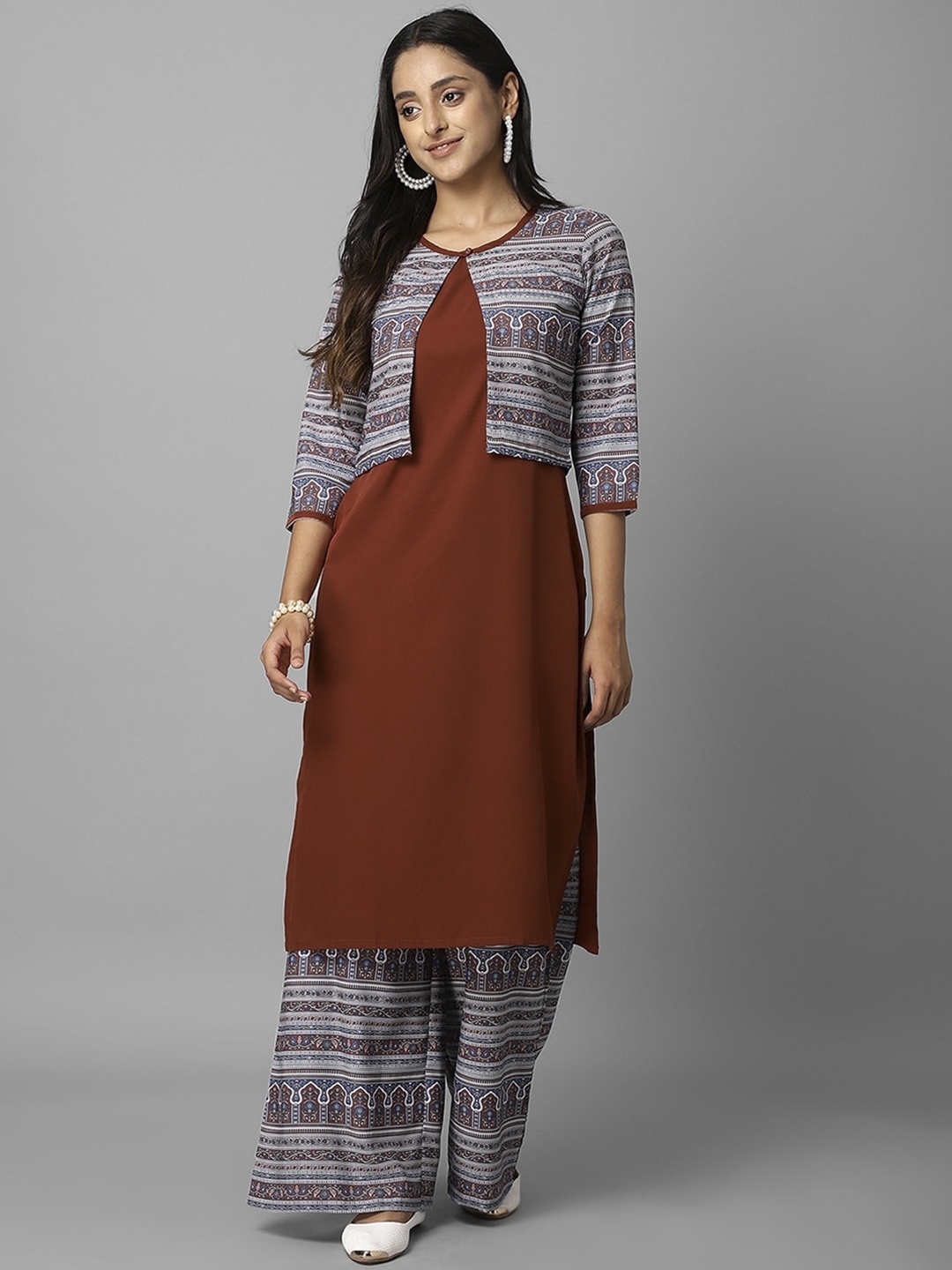 

Azira Women Rust Layered Kurta with Attached Jacket with Palazzos