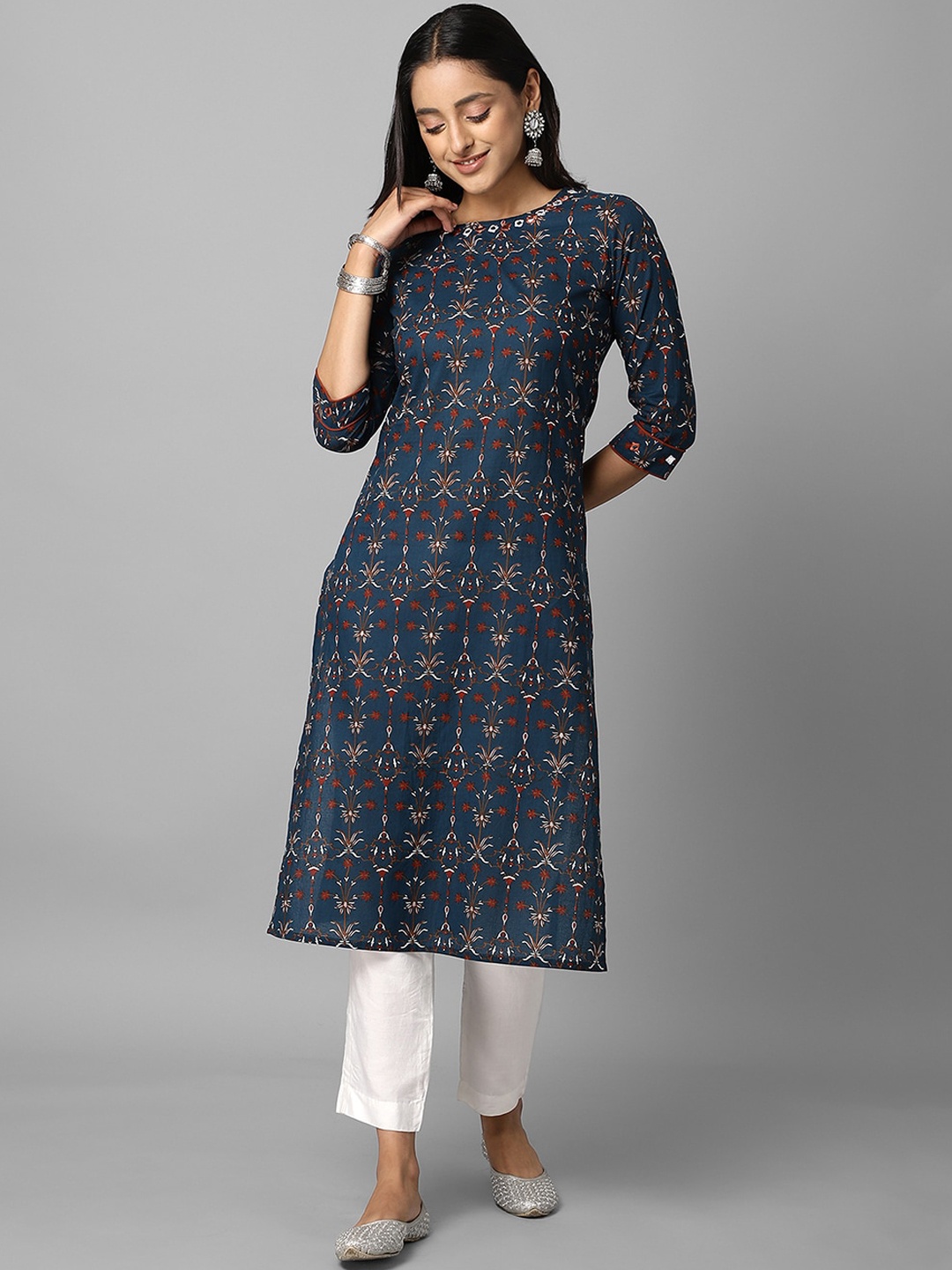 

Azira Women Blue Ethnic Motifs Printed Mirror Work Kurta