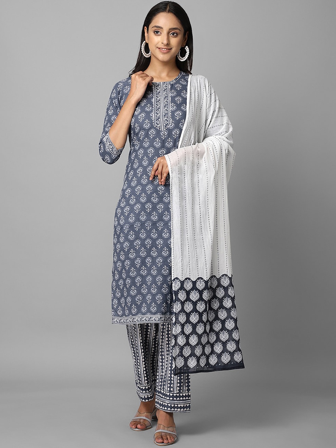 

Azira Women Grey Ethnic Motifs Printed Regular Pure Cotton Kurta with Trousers & With Dupatta